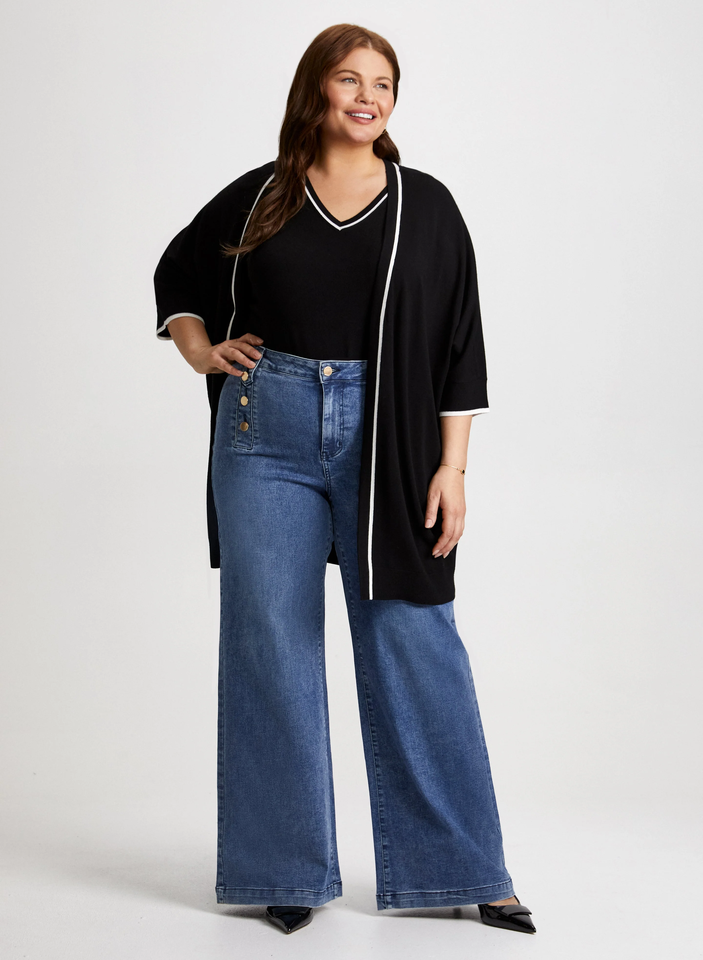 Open Front Cardigan & Wide Leg Jeans