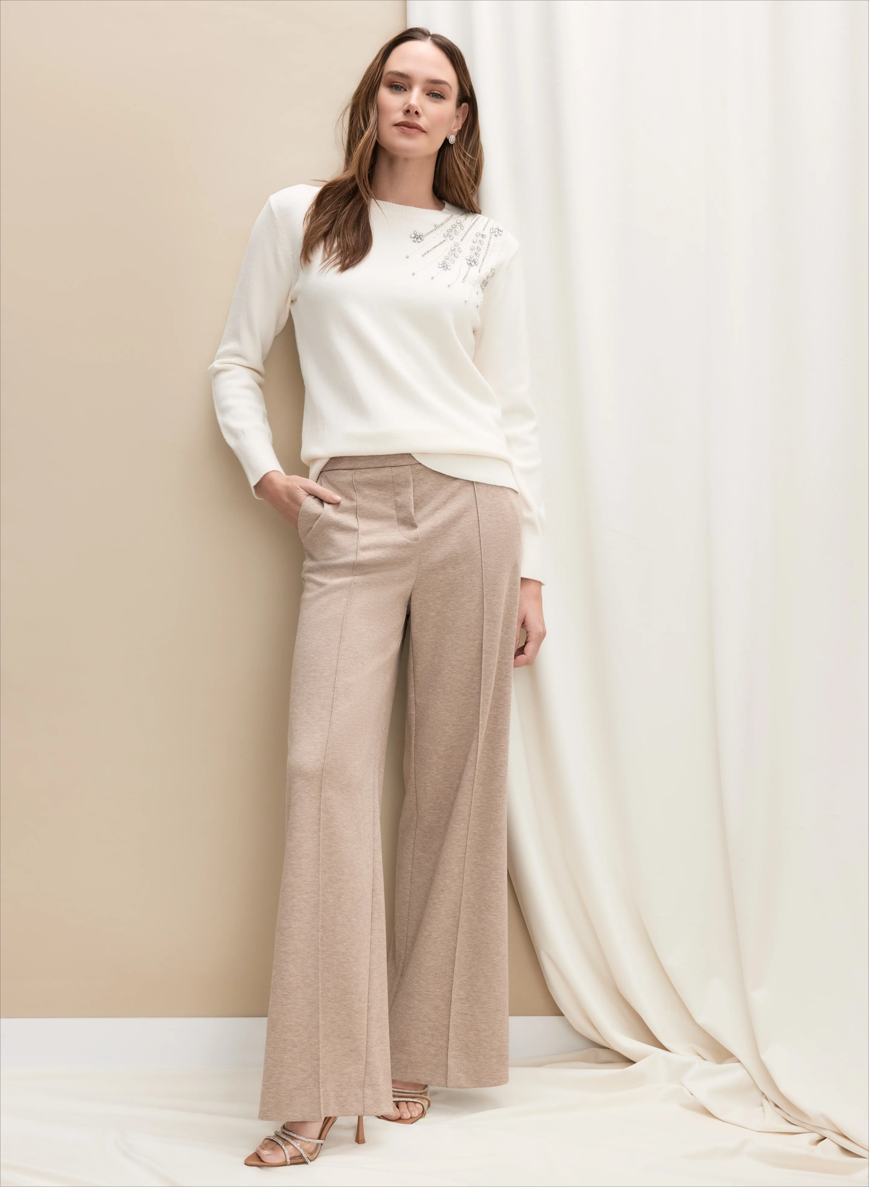 Beaded Crystal Embellished Sweater & Pull-On Twill Pants