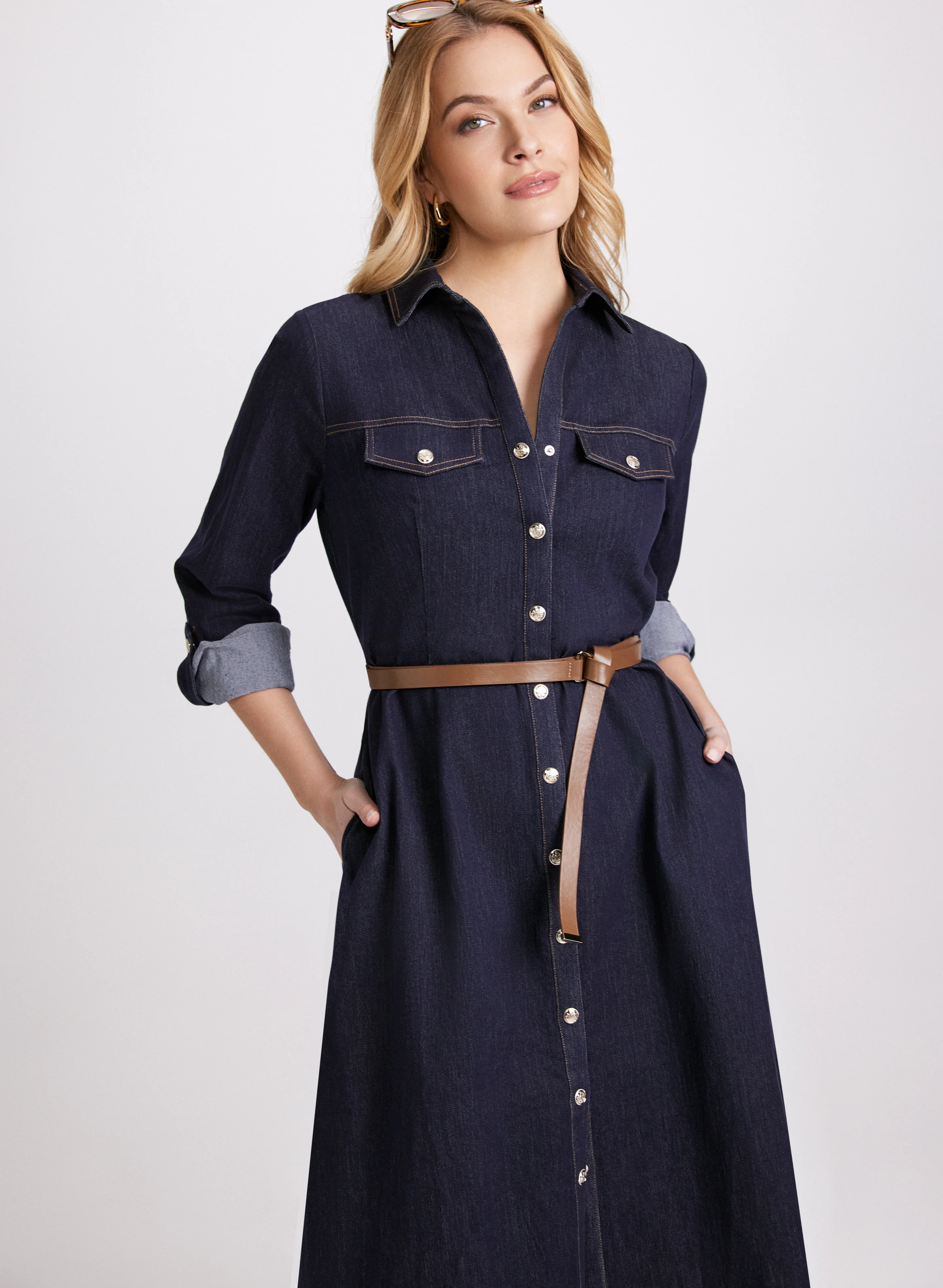 Belted Denim Button-Down Midi Dress - Image 5