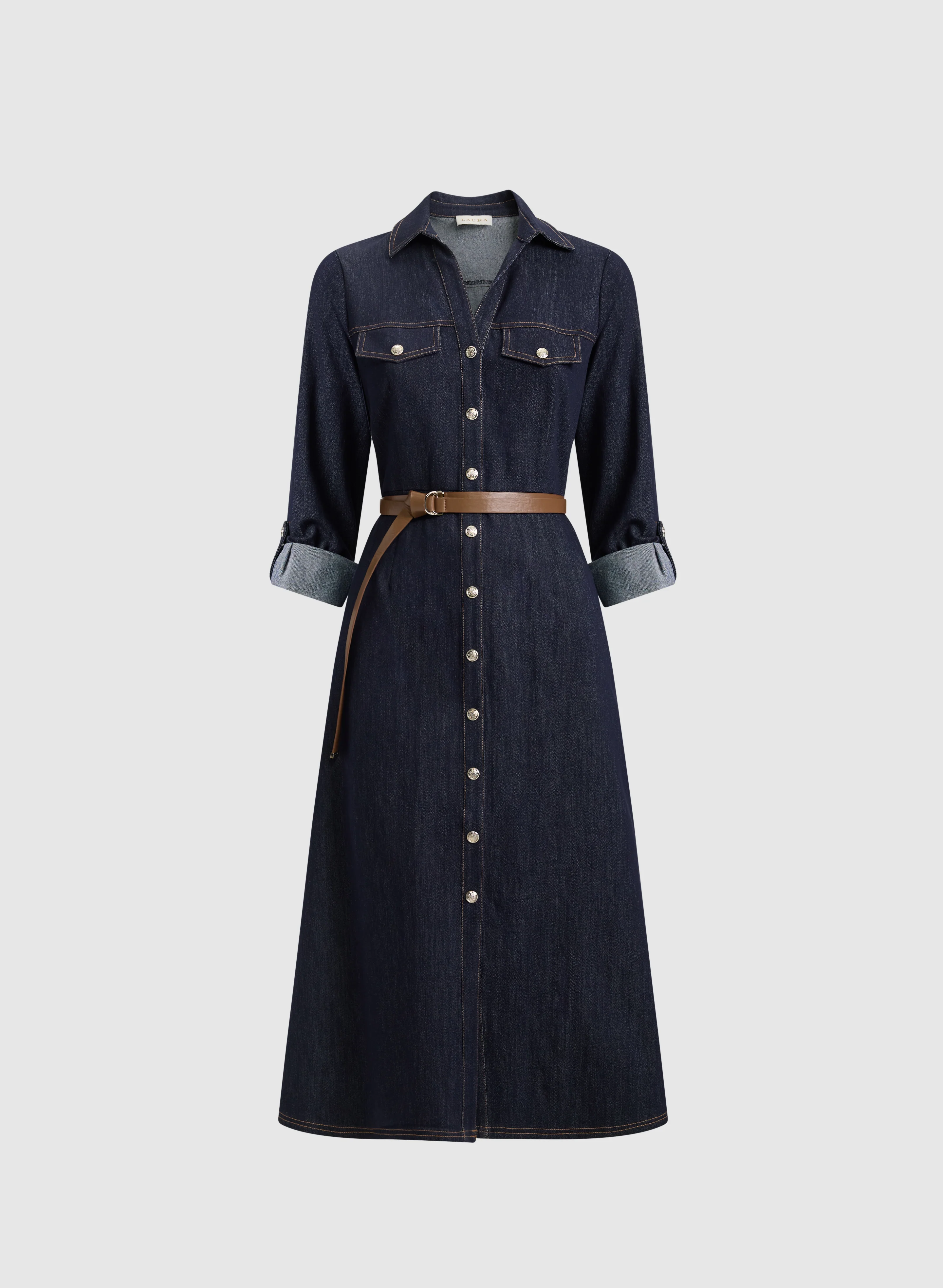 Belted Denim Button-Down Midi Dress - Image 7