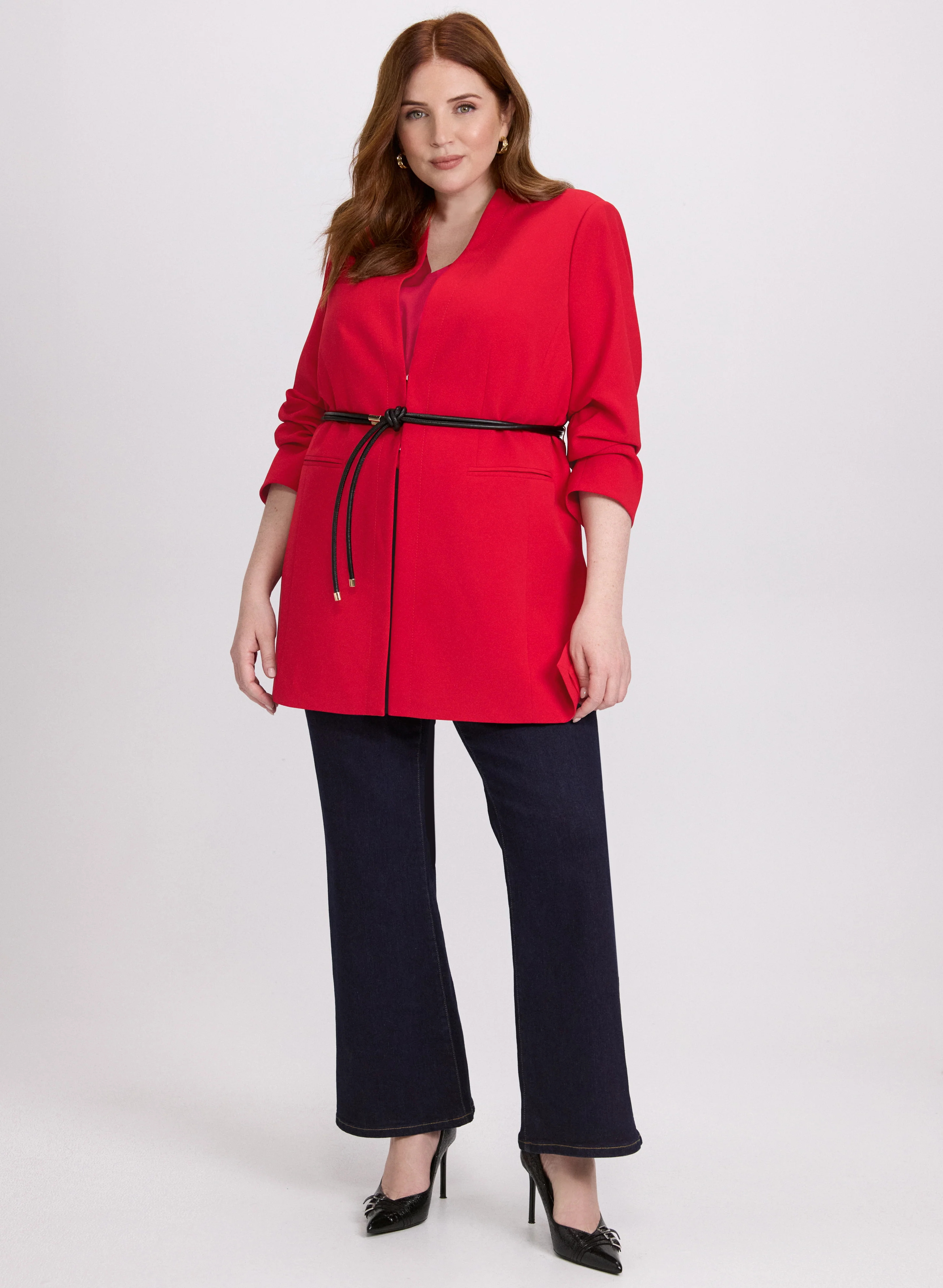 Belted Longline Blazer & Pull-On Flare-Leg Jeans