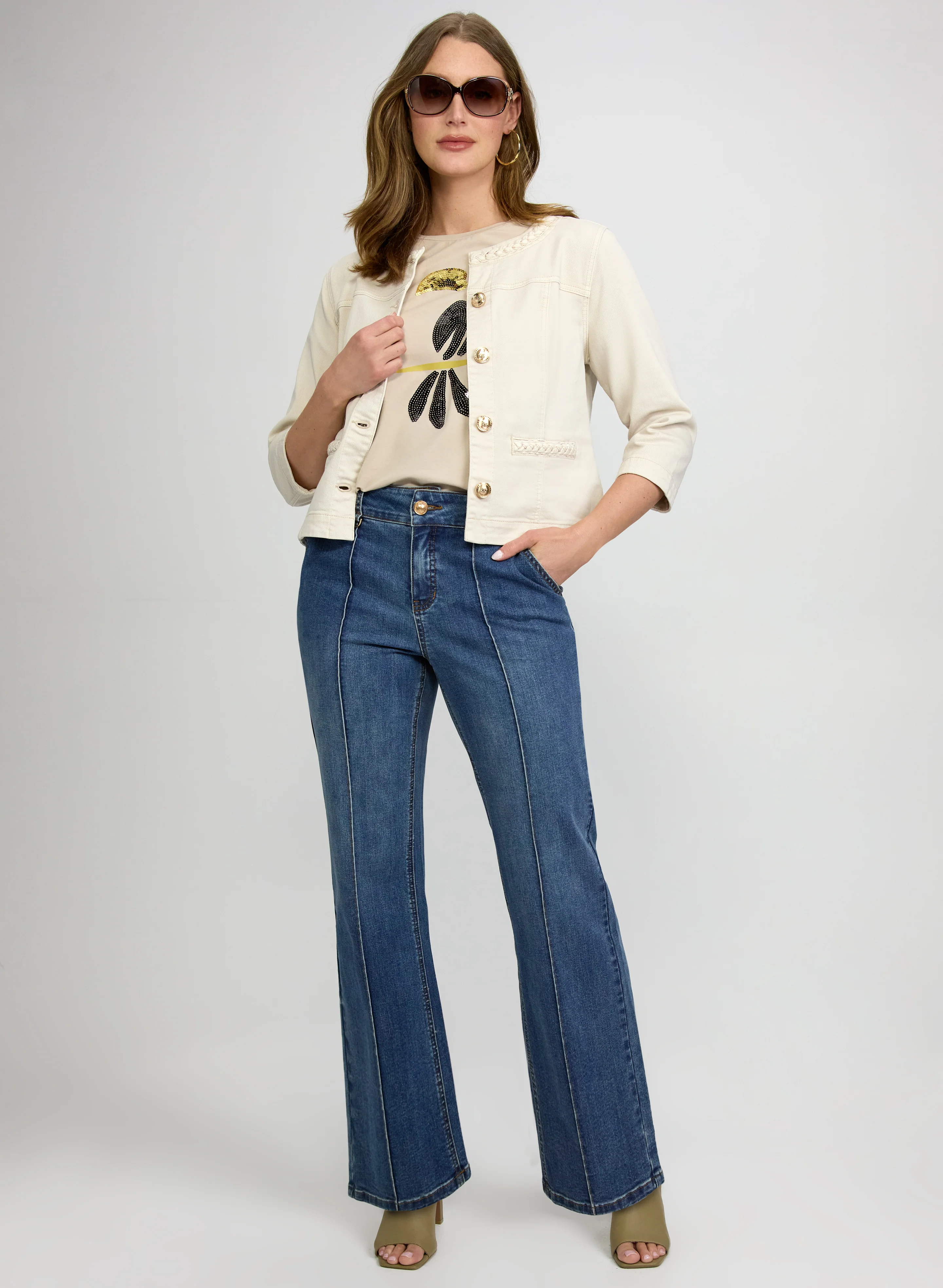 Braided Trim Denim Jacket & Pinched Seam Flare-Leg Jeans