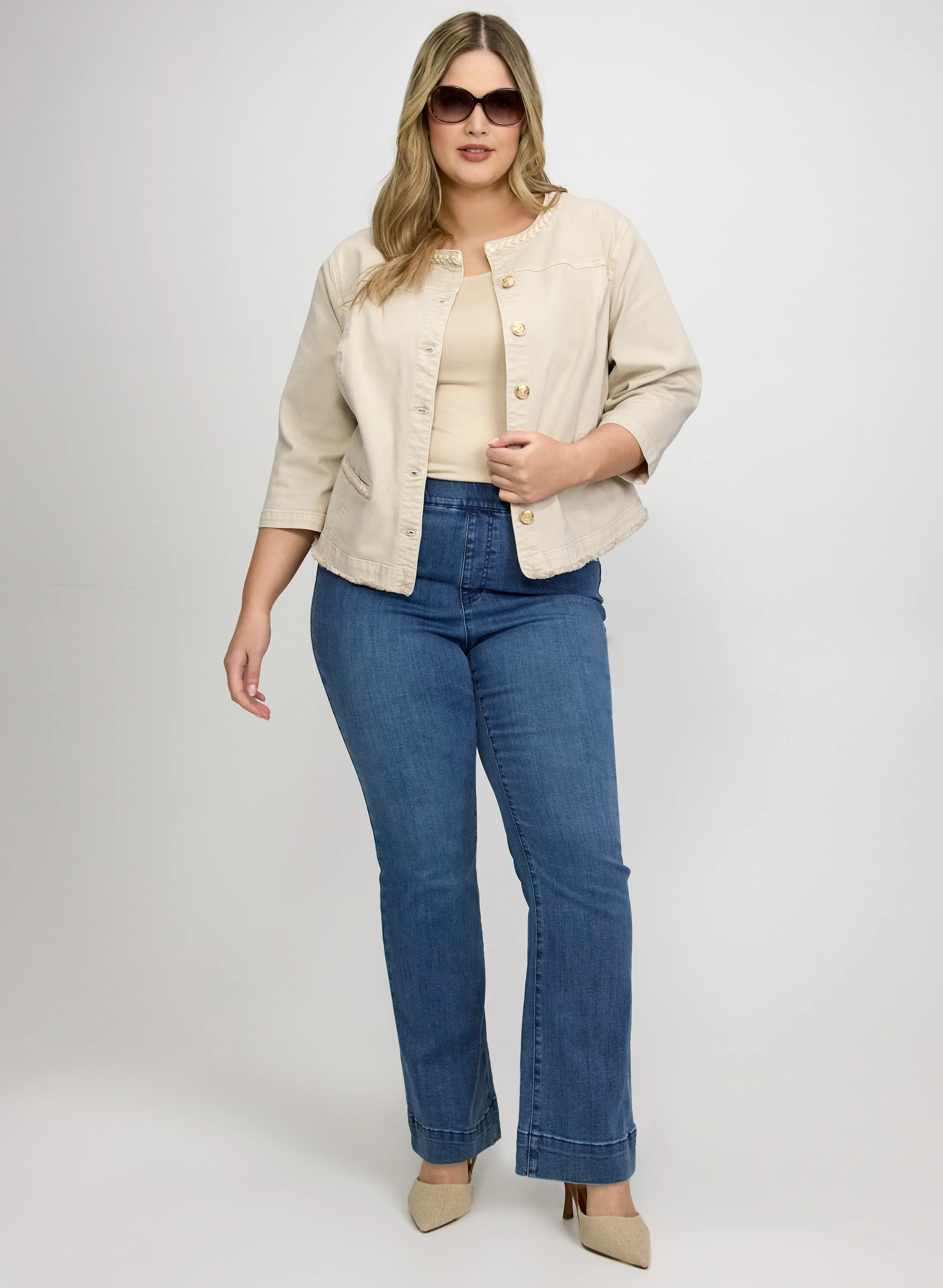 Braided Trim Denim Jacket & Pull-On Flare-Leg Jeans