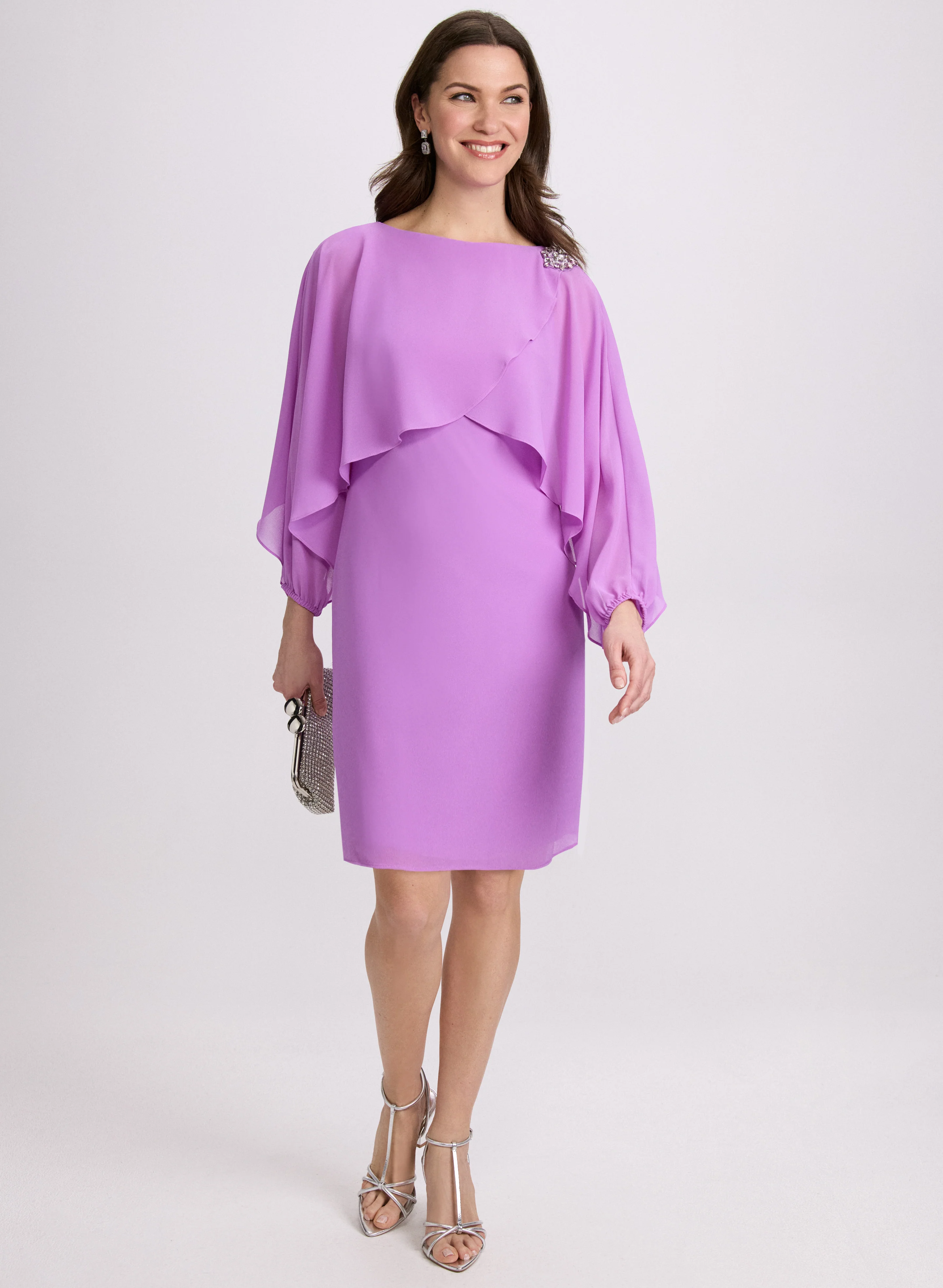 Brooch Embellished Capelet Dress