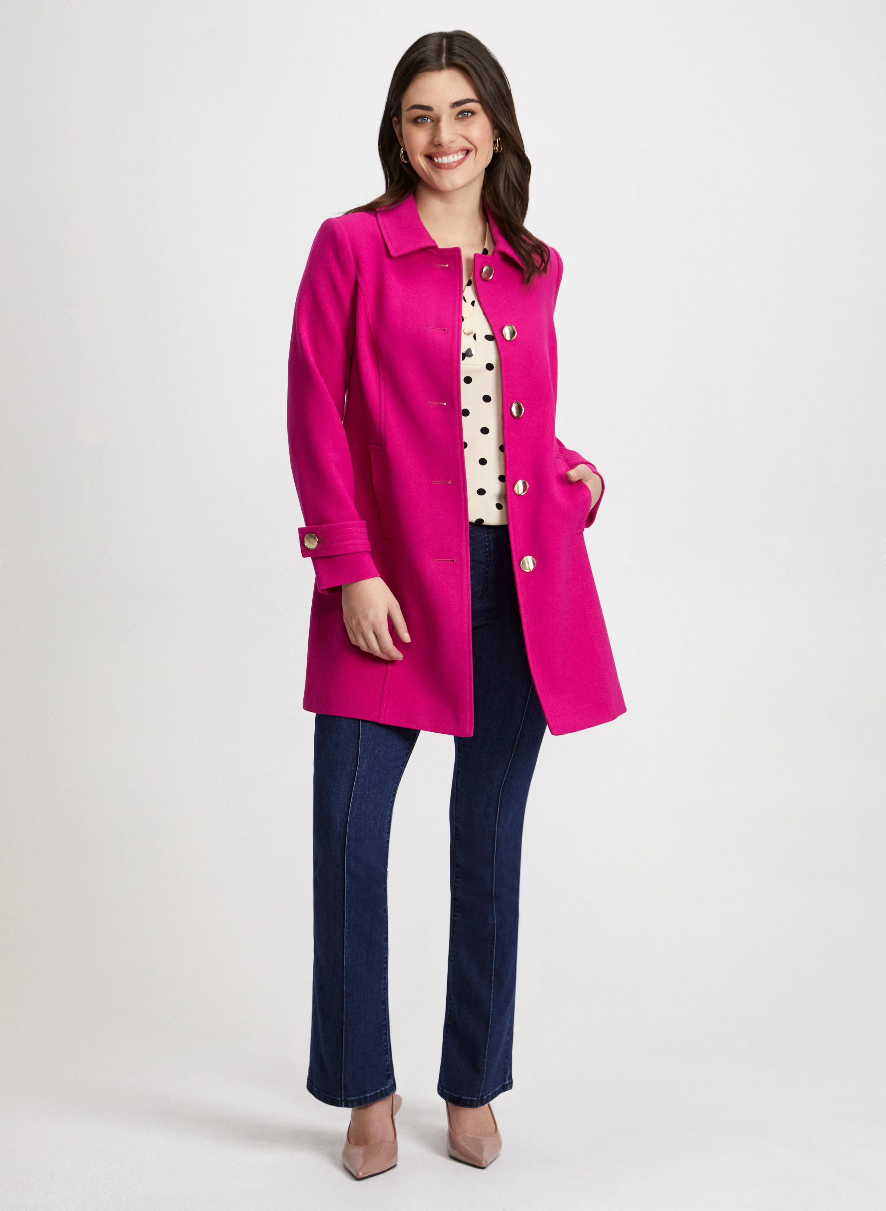 Button Front Tricotine Coat & Bootcut Jeans