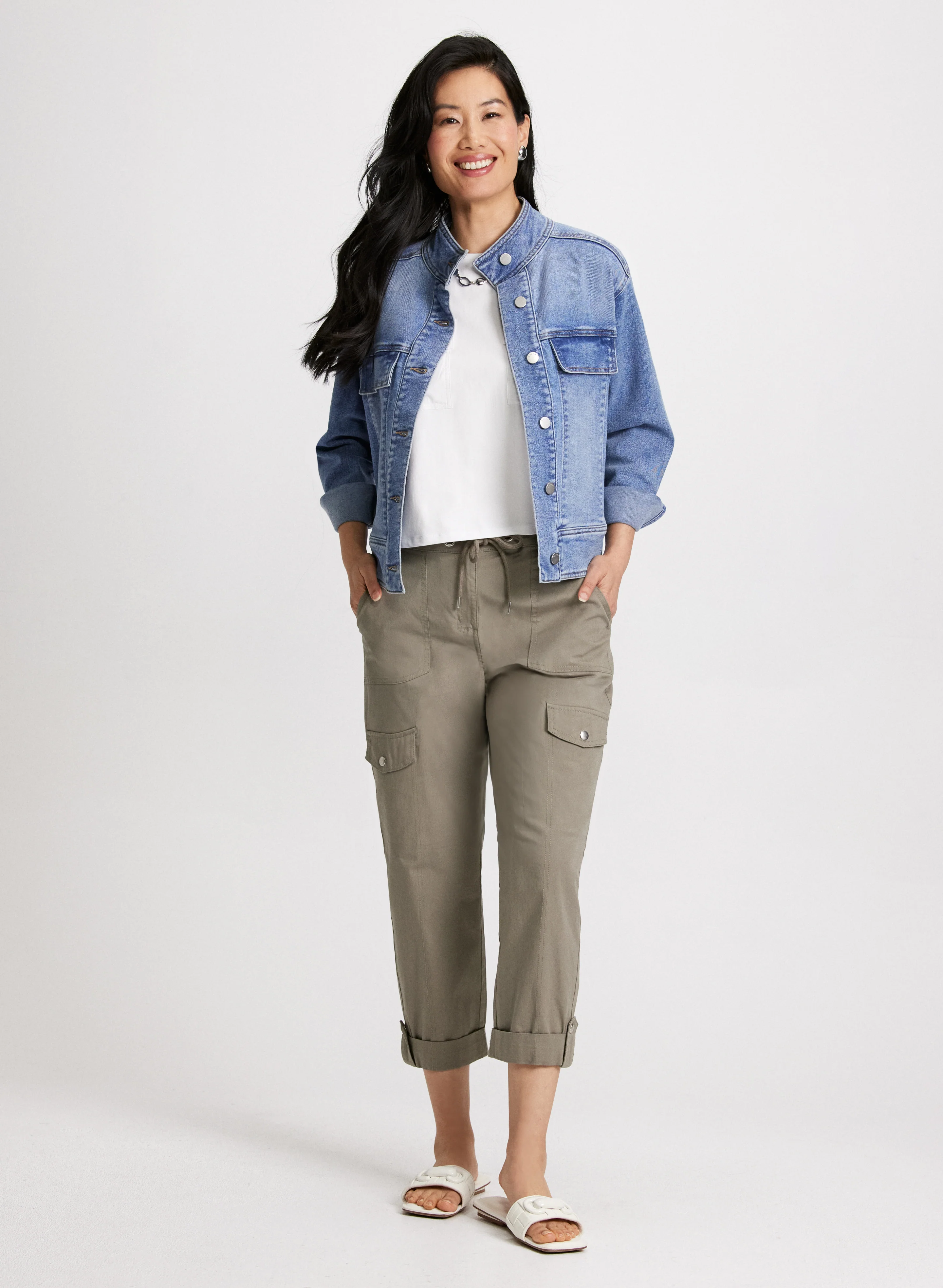 Cargo Pocket Denim Jacket & Drawstring Waist Capris