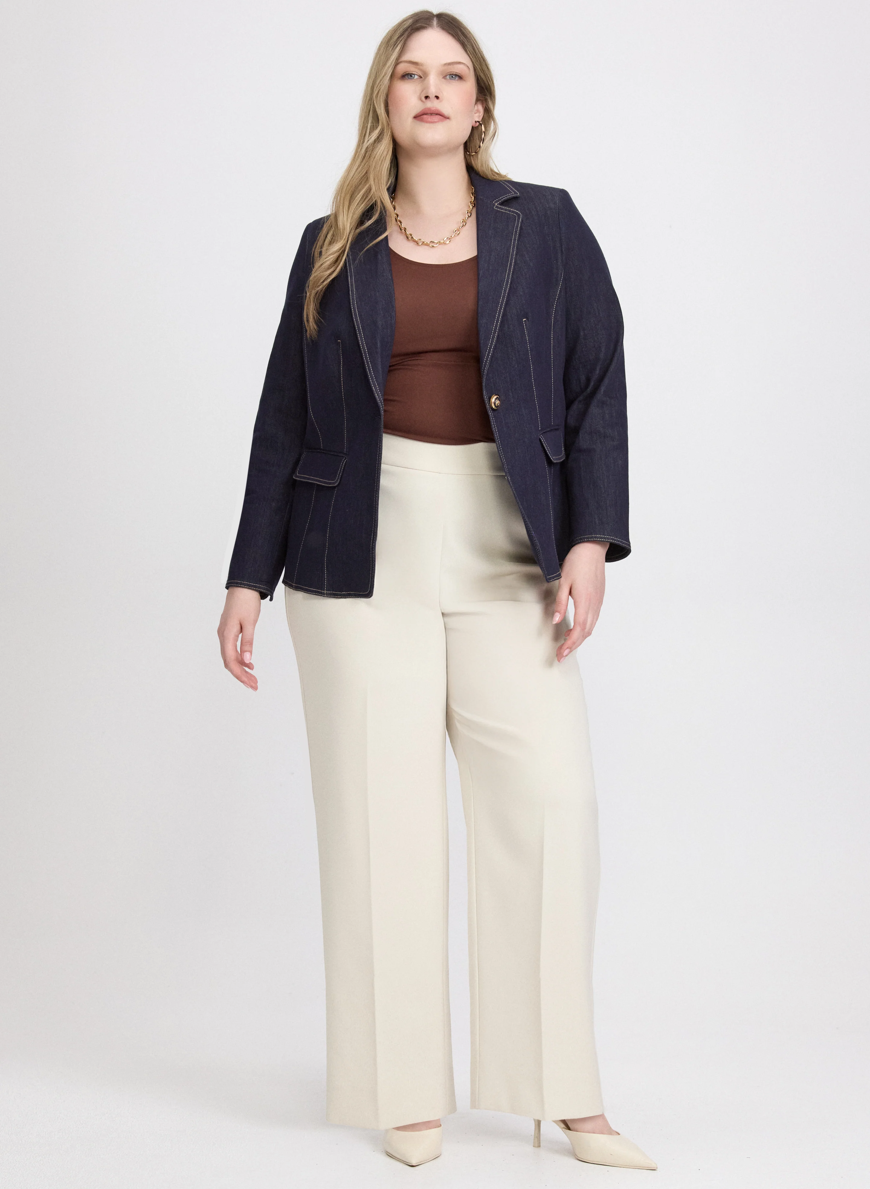 Contrast Stitch Denim Blazer & Olivia Pull-On Wide-Leg Pants