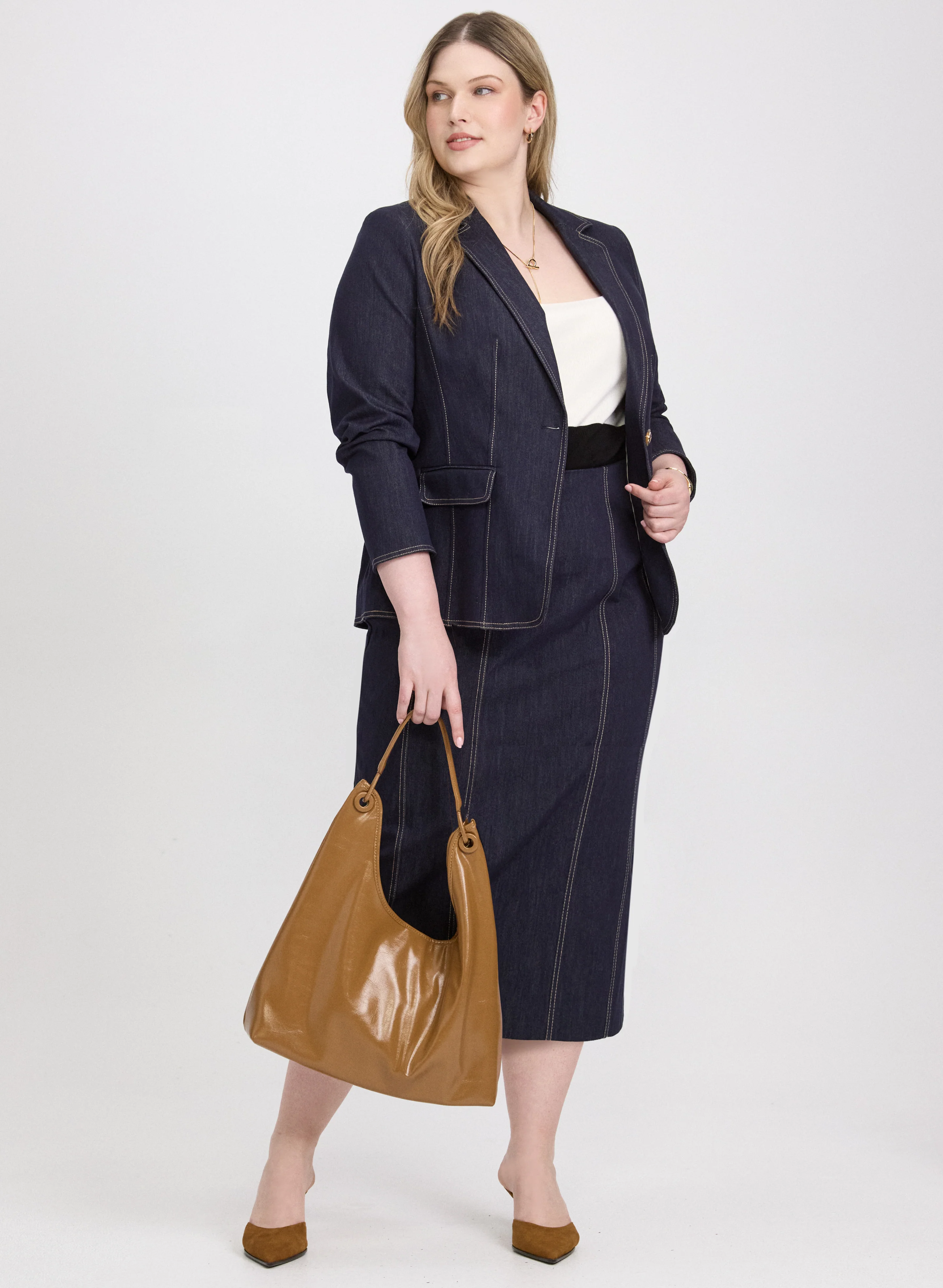 Contrast Stitch Denim Blazer & Pencil Skirt