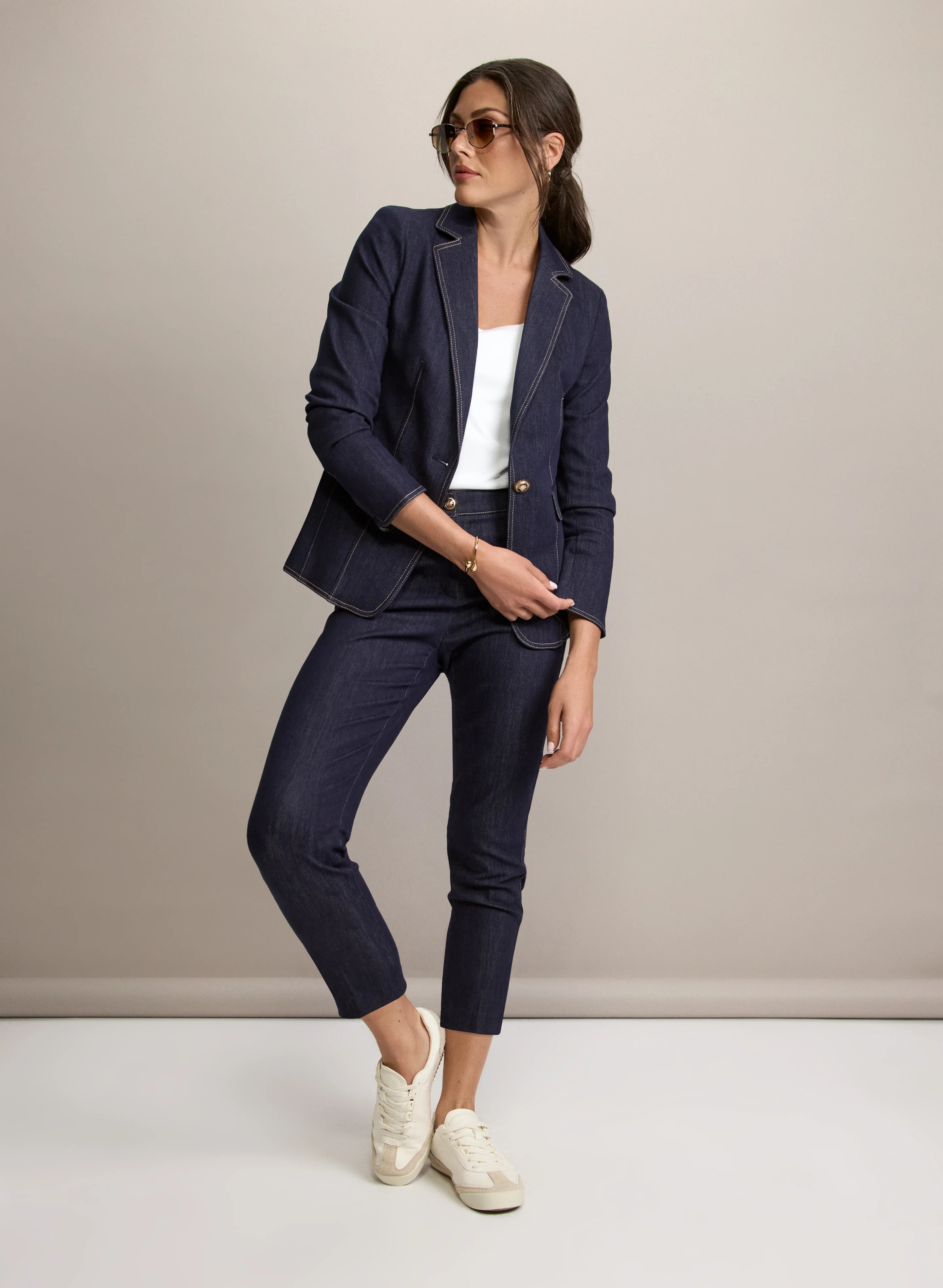 Contrast Stitch Denim Blazer & Slim-Leg Denim Pants