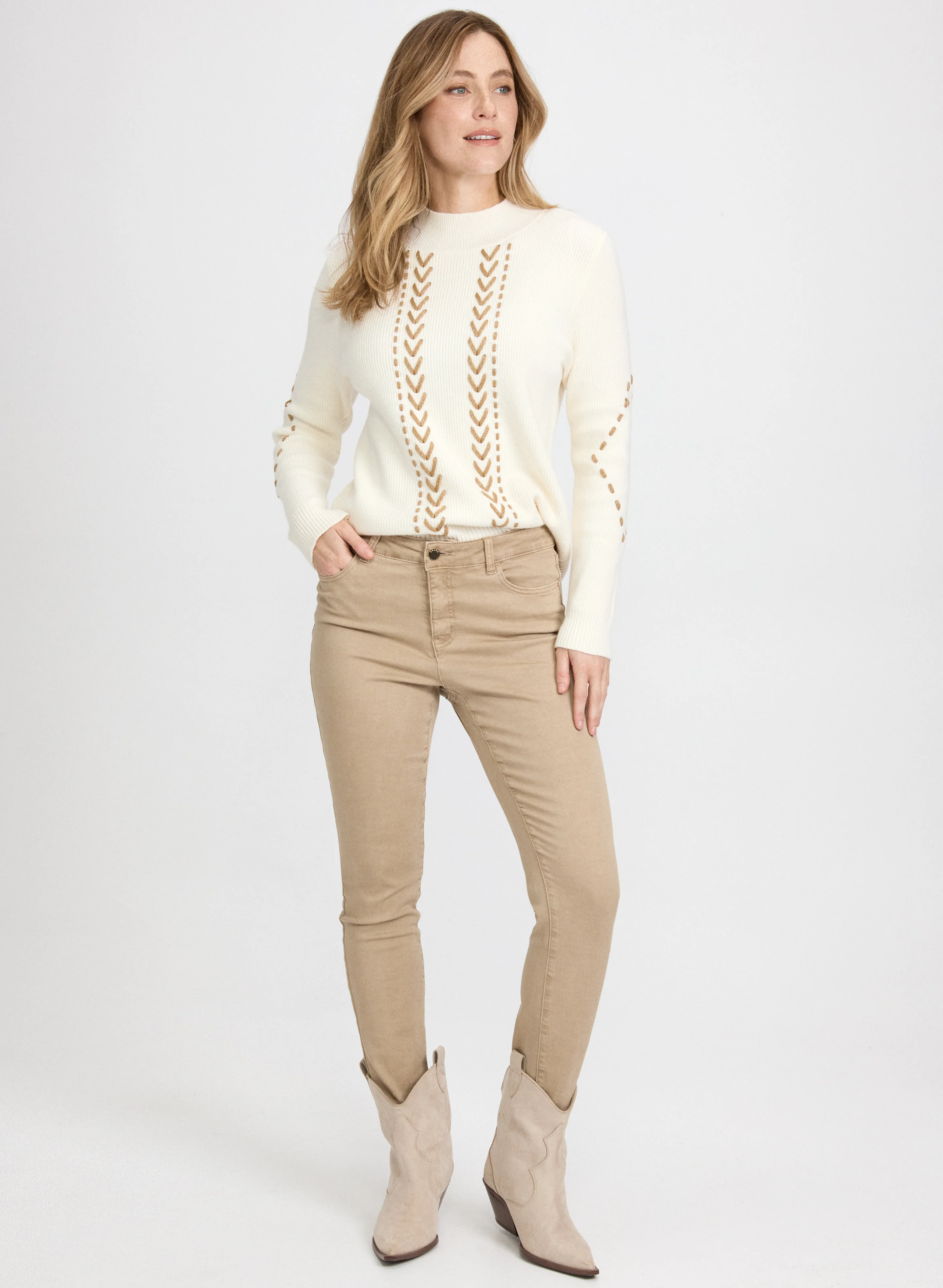 Contrast Stitch Sweater & Straight-Leg Jeans