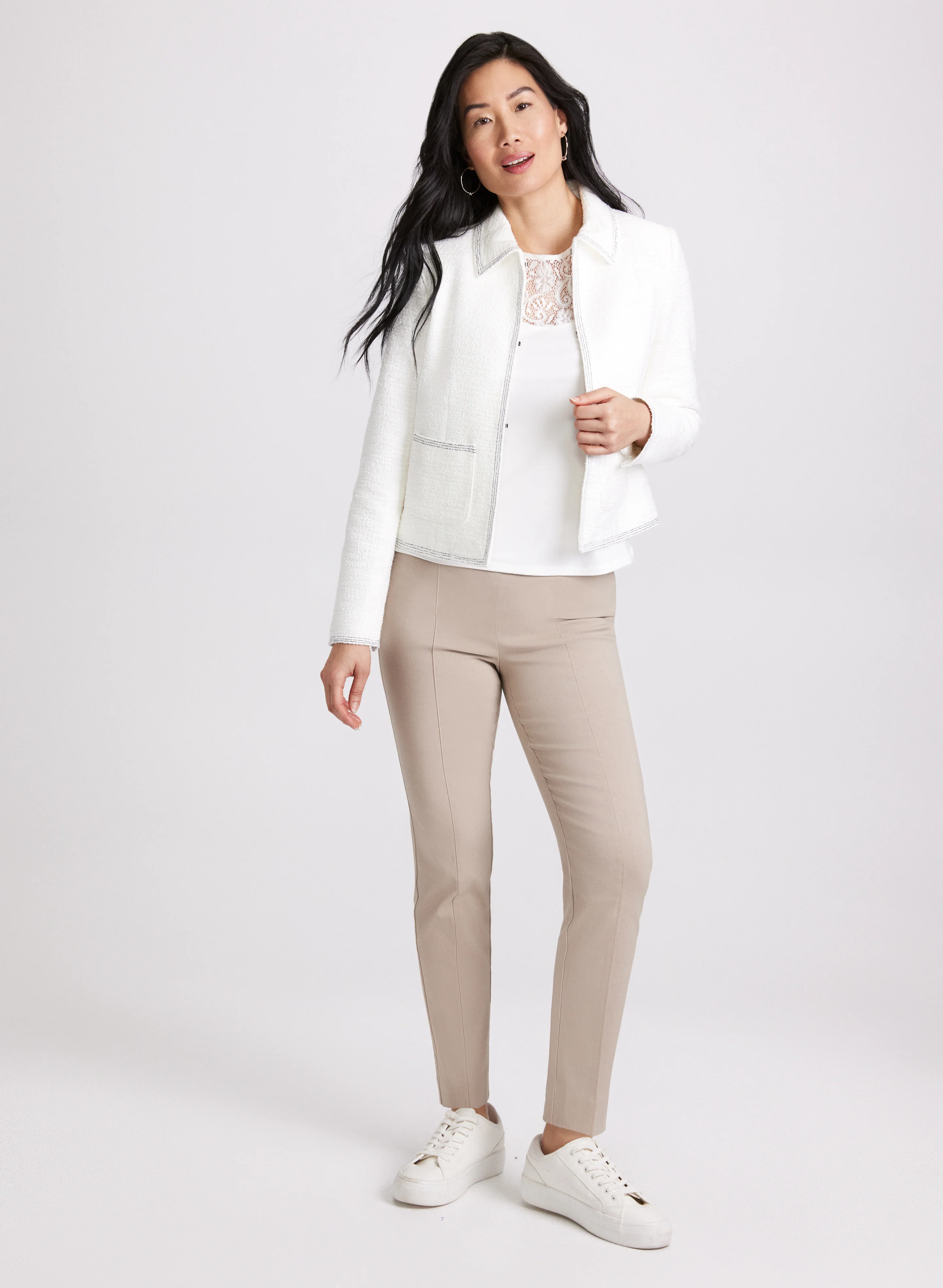 Contrast Stitch Tweed Jacket & Sofia Slim-Leg Pants - Short