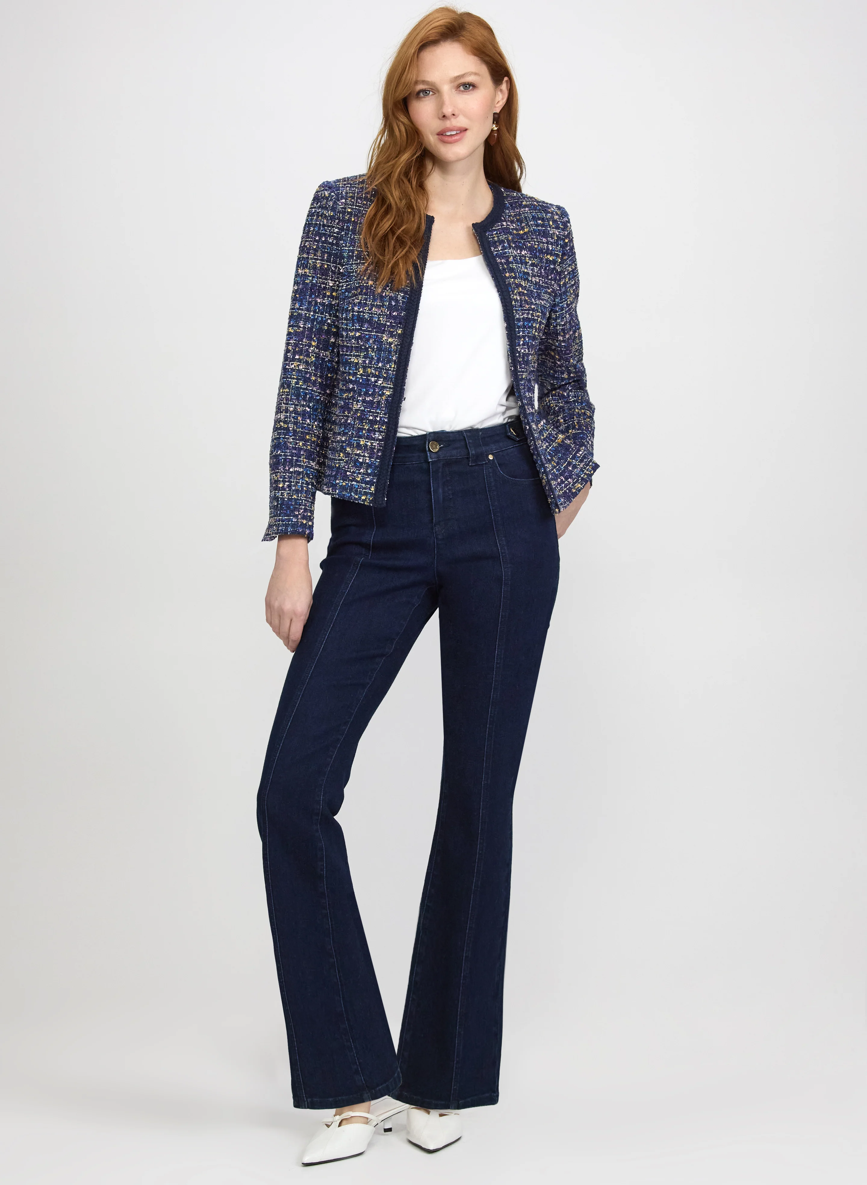 Contrast Trim Tweed Jacket & Flare-Leg Jeans