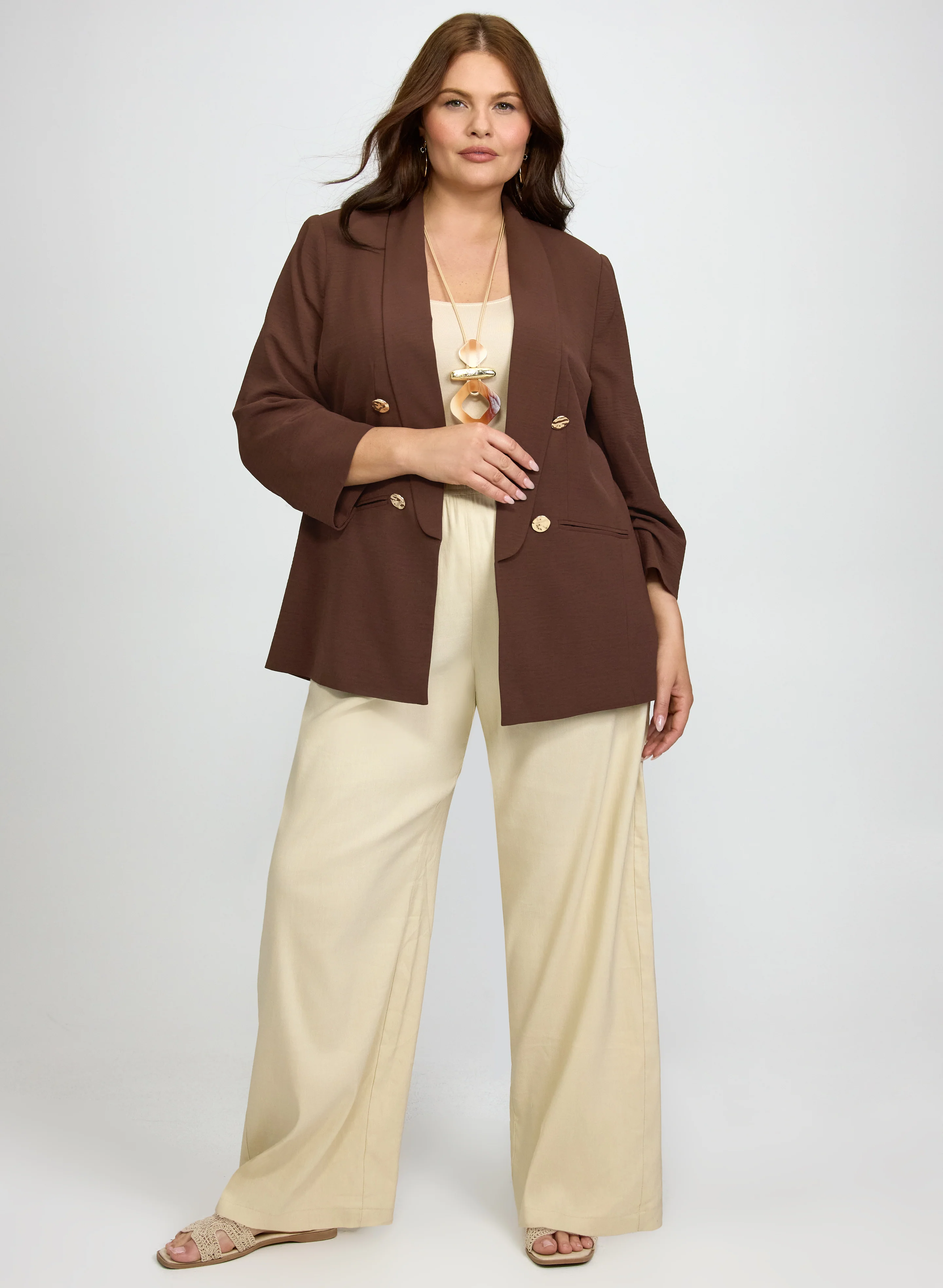 Crinkle Shawl Collar Jacket & Linen-Blend Wide-Leg Pants