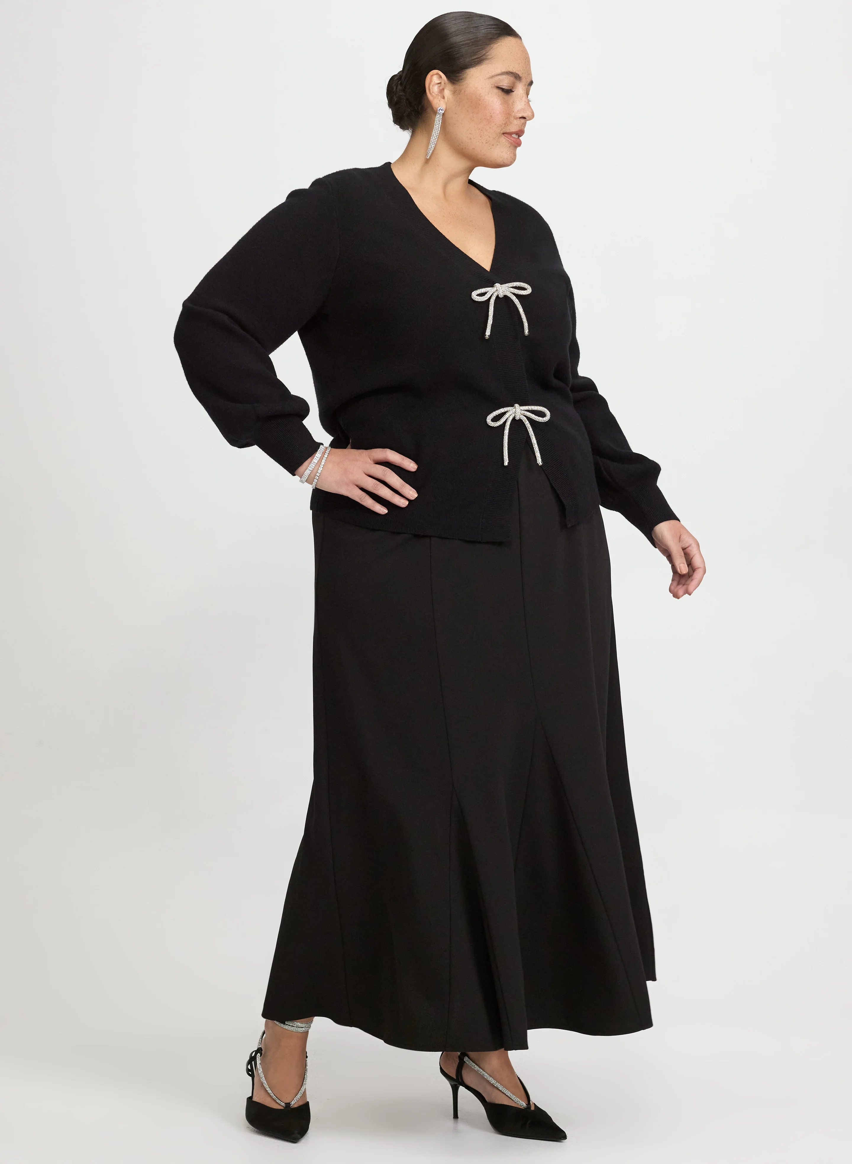 Crystal Bow Embellished Cardigan & Godet Insert Skirt