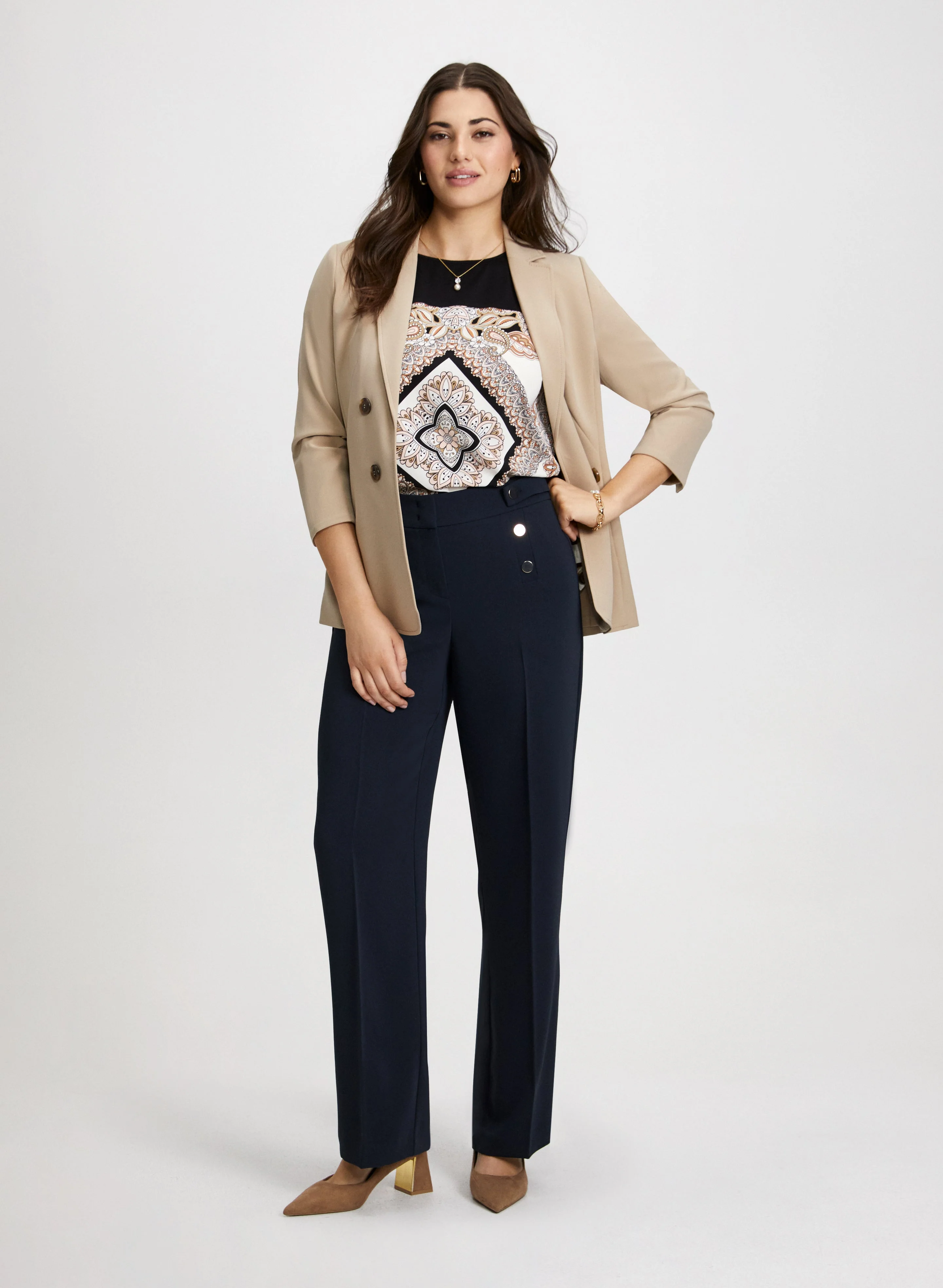 Decorative Button Jacket & Modern Fit Wide Leg Pants