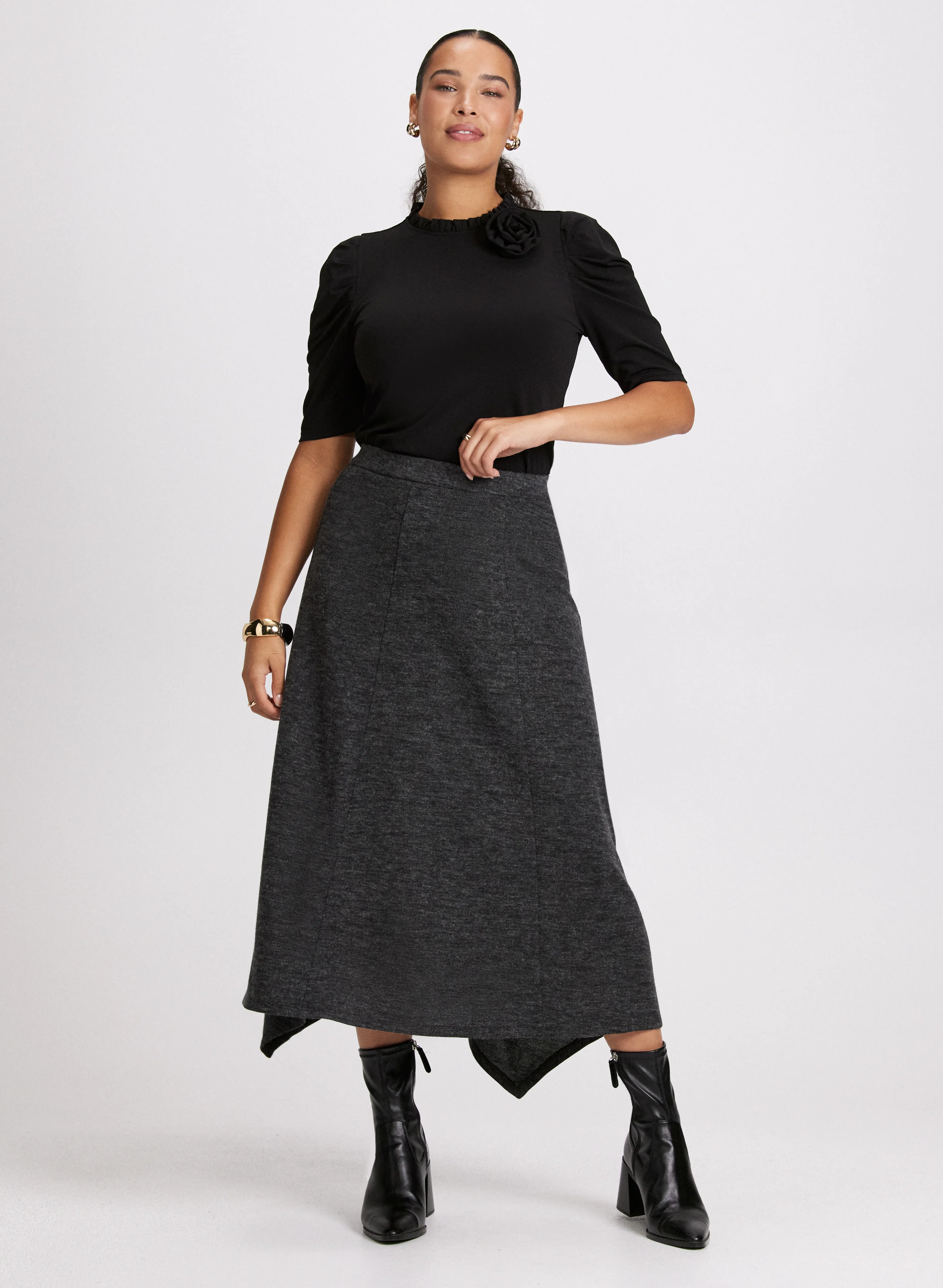 Detachable Rosette Knit Top & Asymmetric Hem Midi Skirt