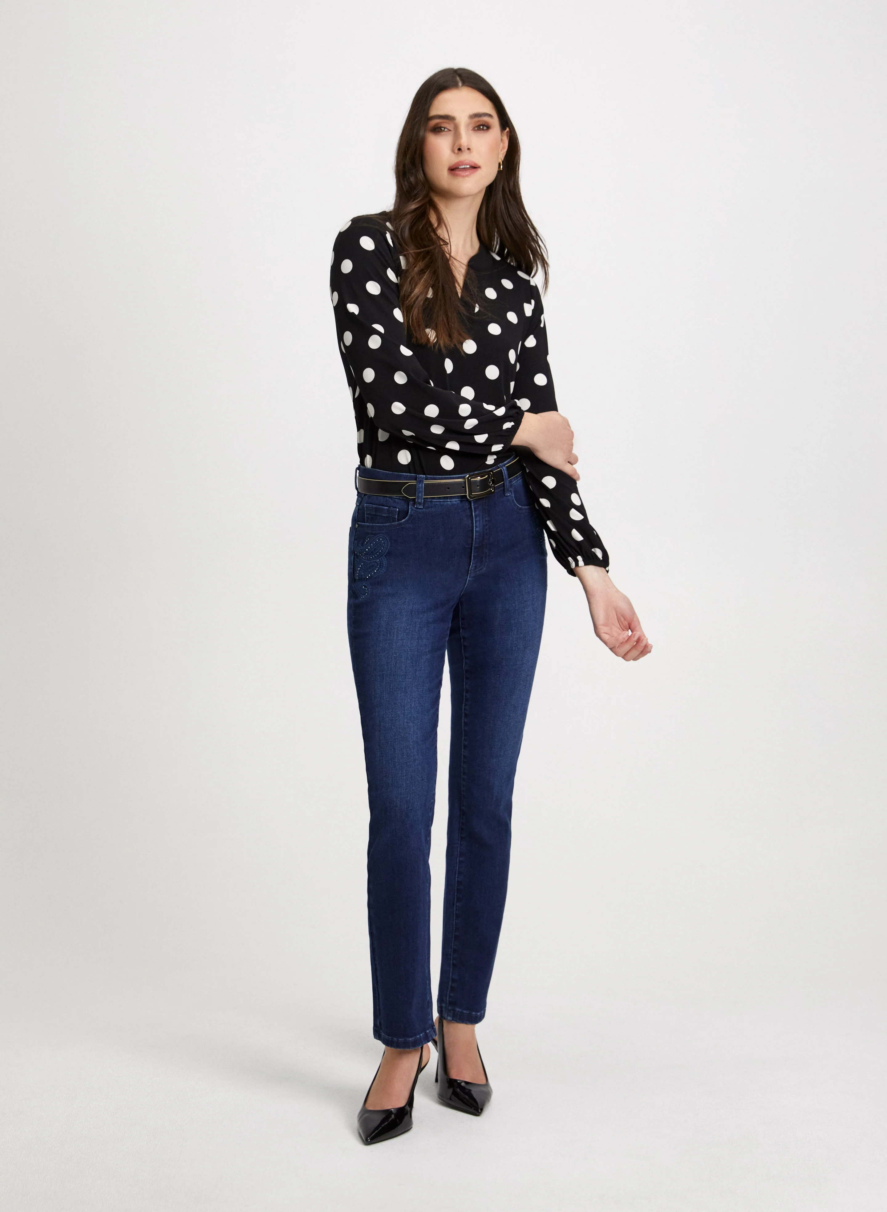 Dot Motif Split-Neck Top & Embroidered Jeans