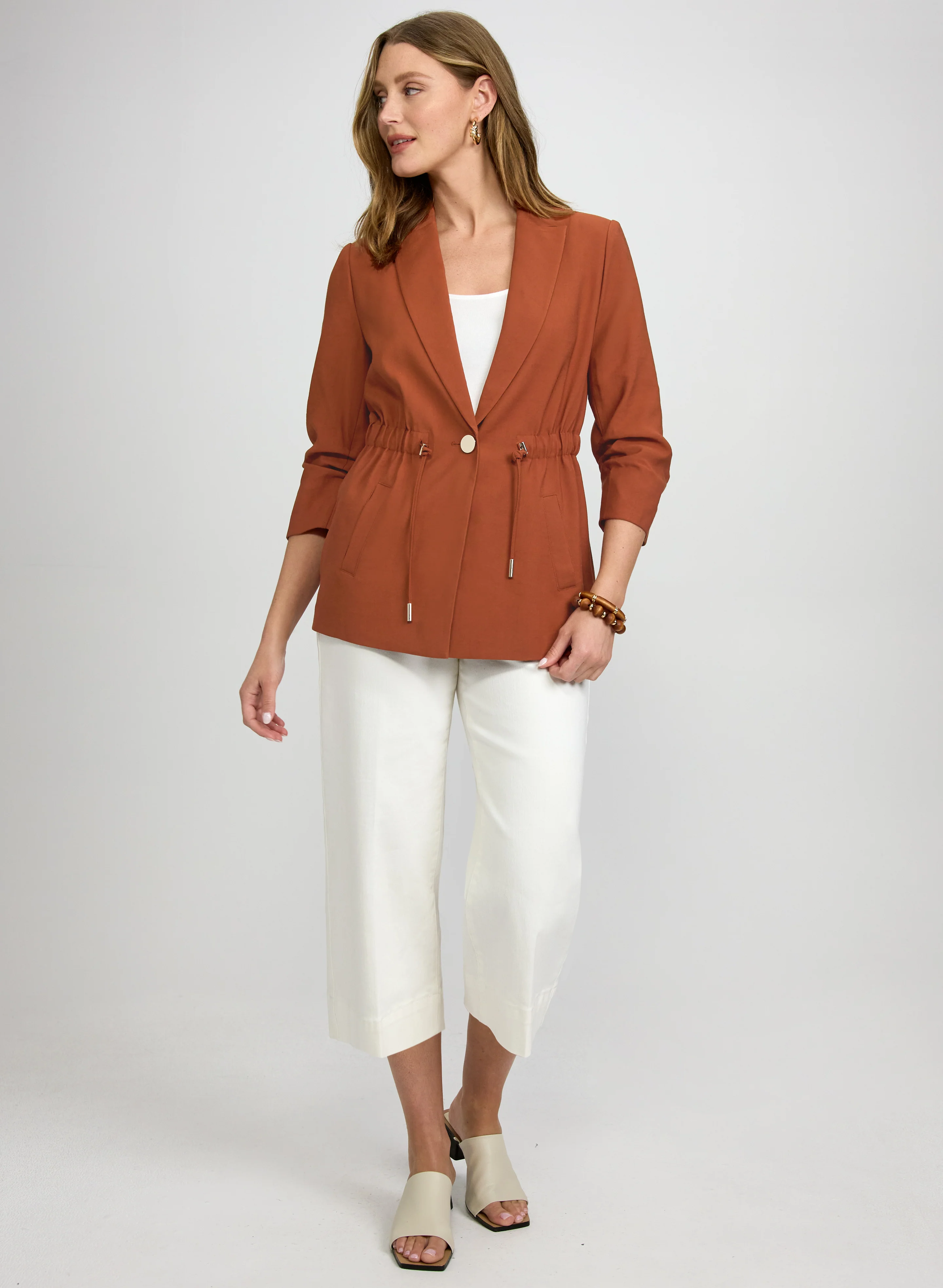 Drawstring Waist Blazer & Scarf Detail Denim Capris