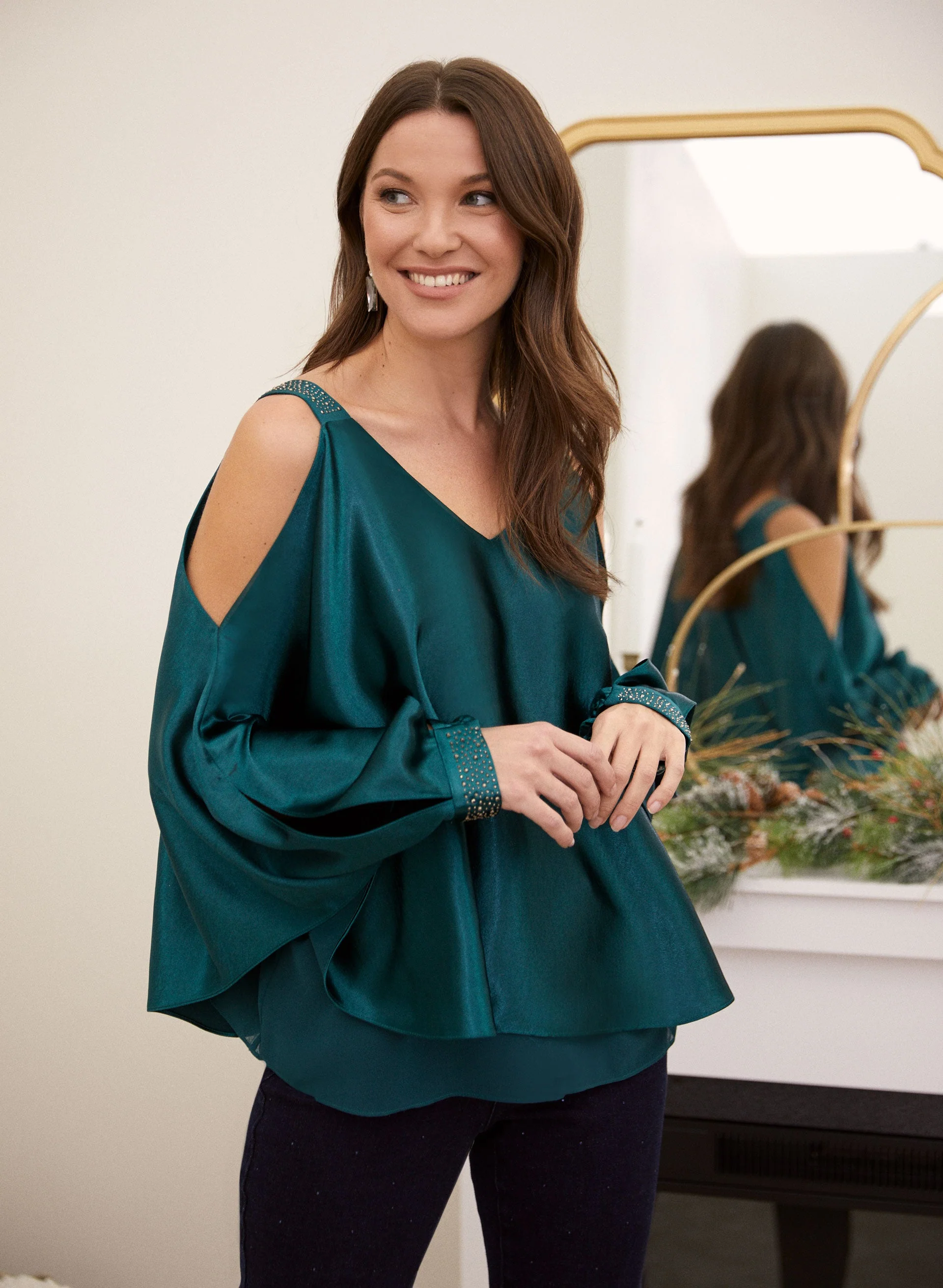Embellished Satin Poncho Blouse