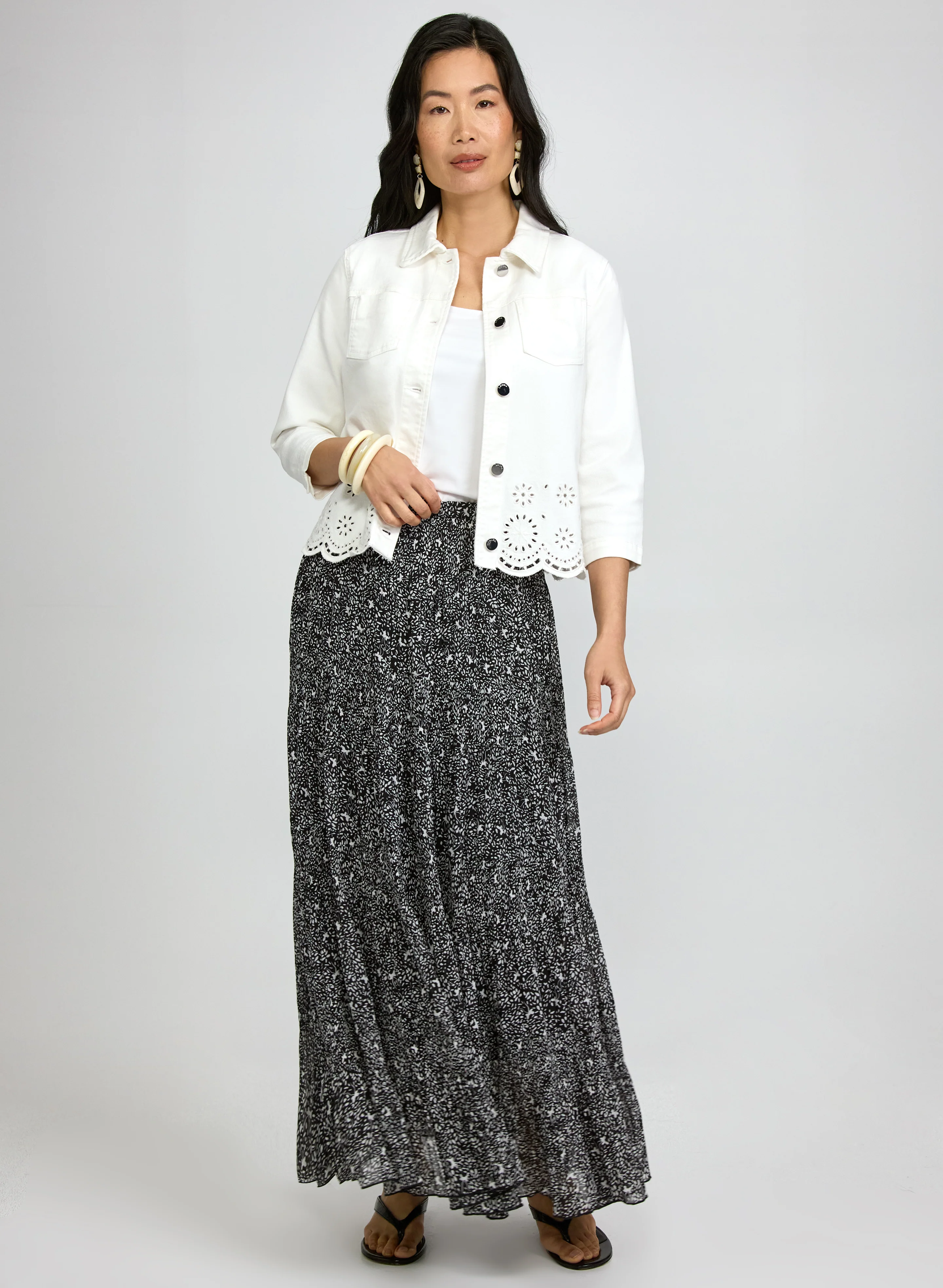 Embroidered Denim Jacket & Printed Chiffon Maxi Skirt