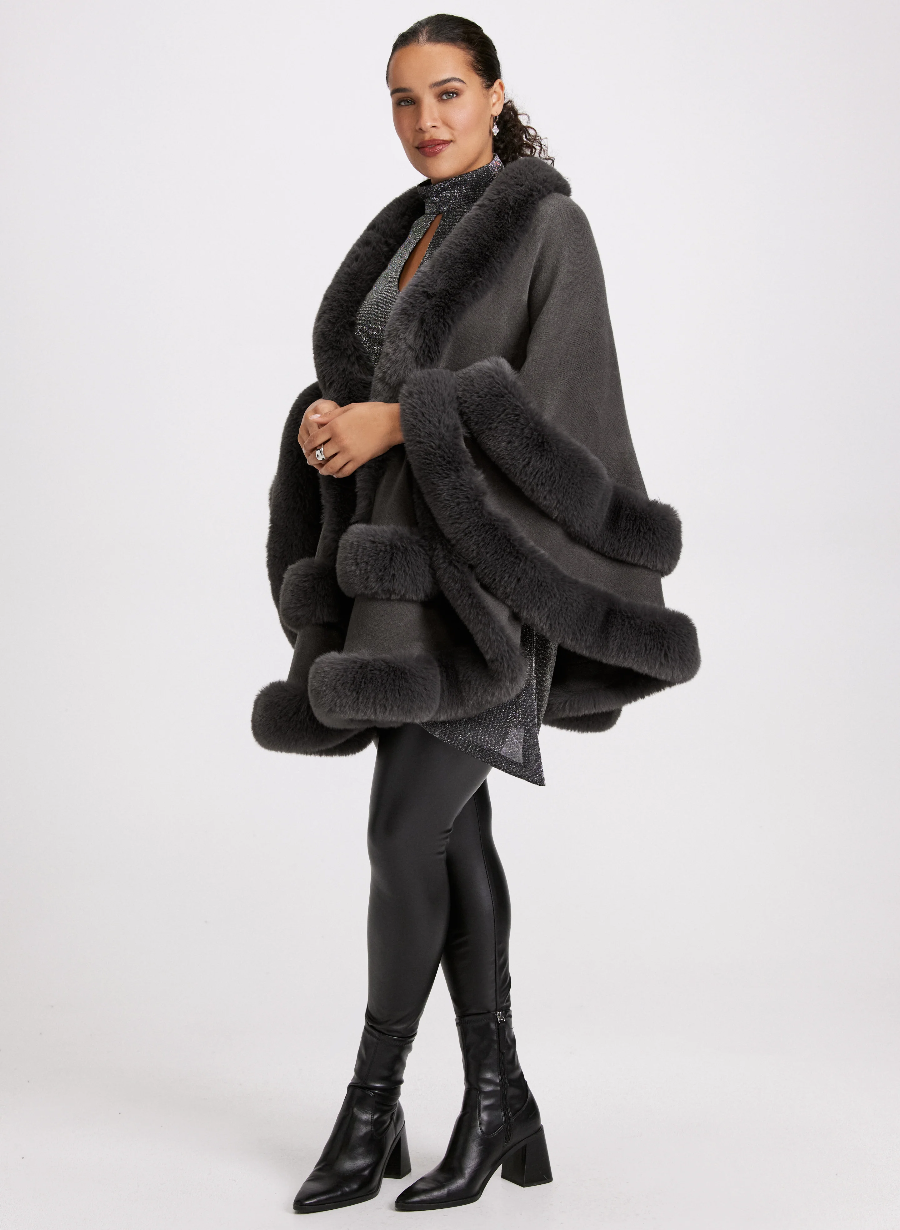 Faux Fur Double Border Poncho - Image 5