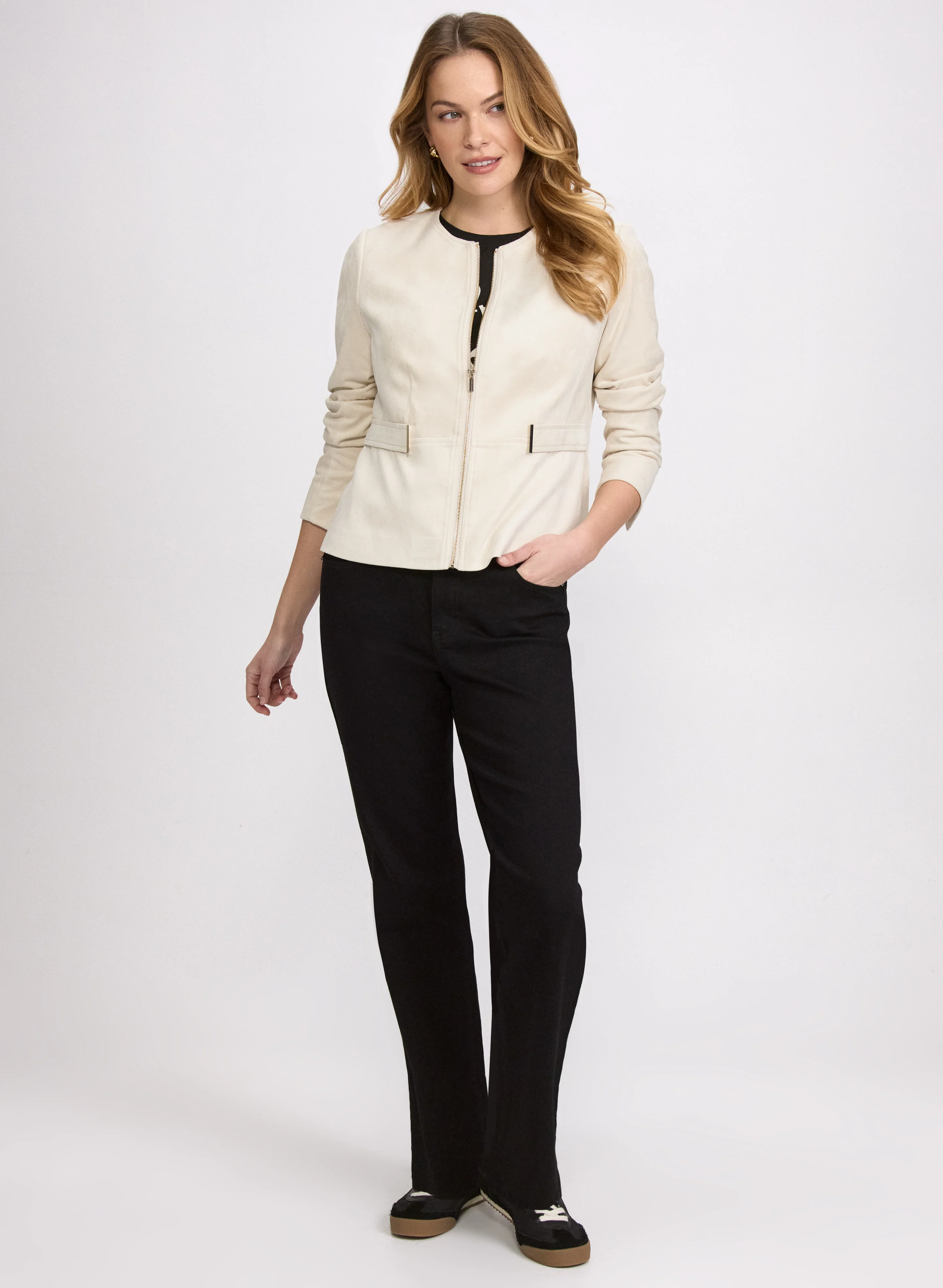 Faux-Suede Jacket & Straight-Leg Jeans