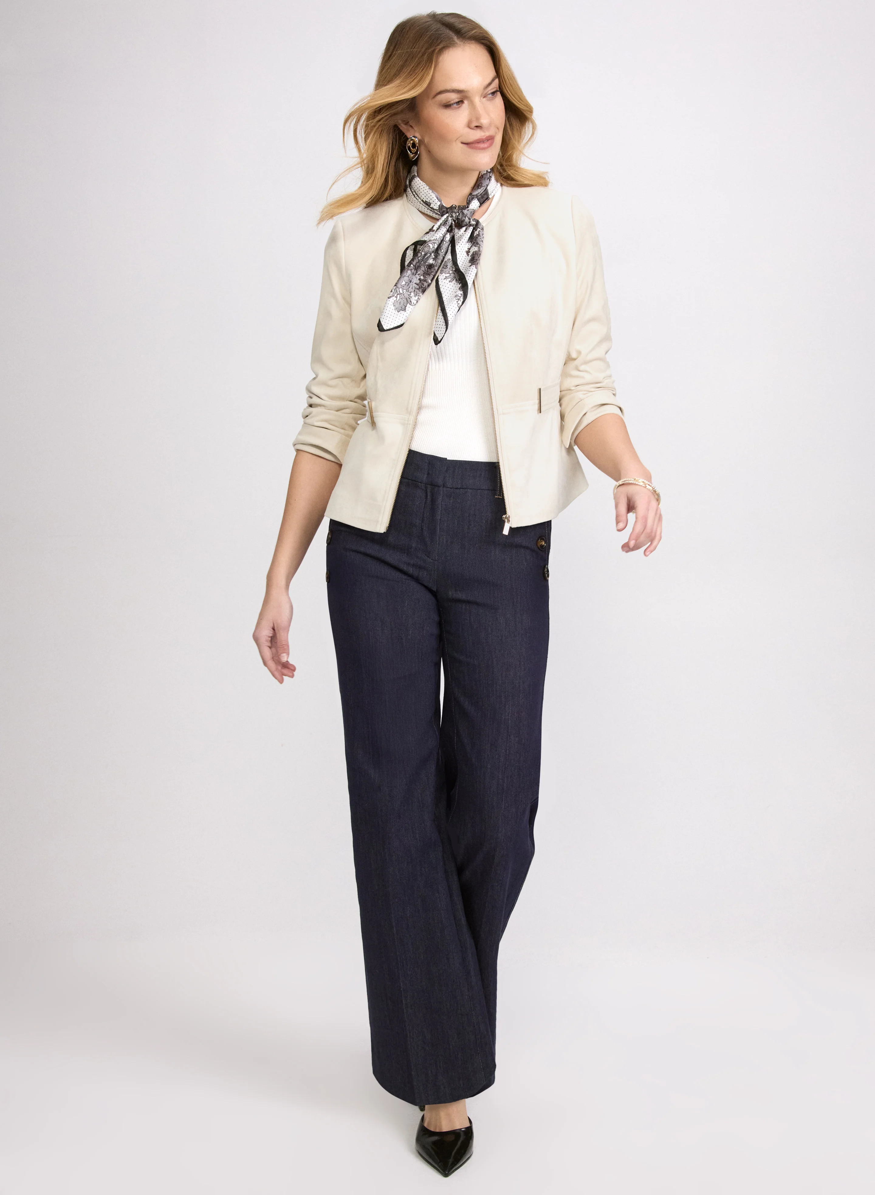 Faux-Suede Jacket & Tencel-Denim Wide-Leg Pants