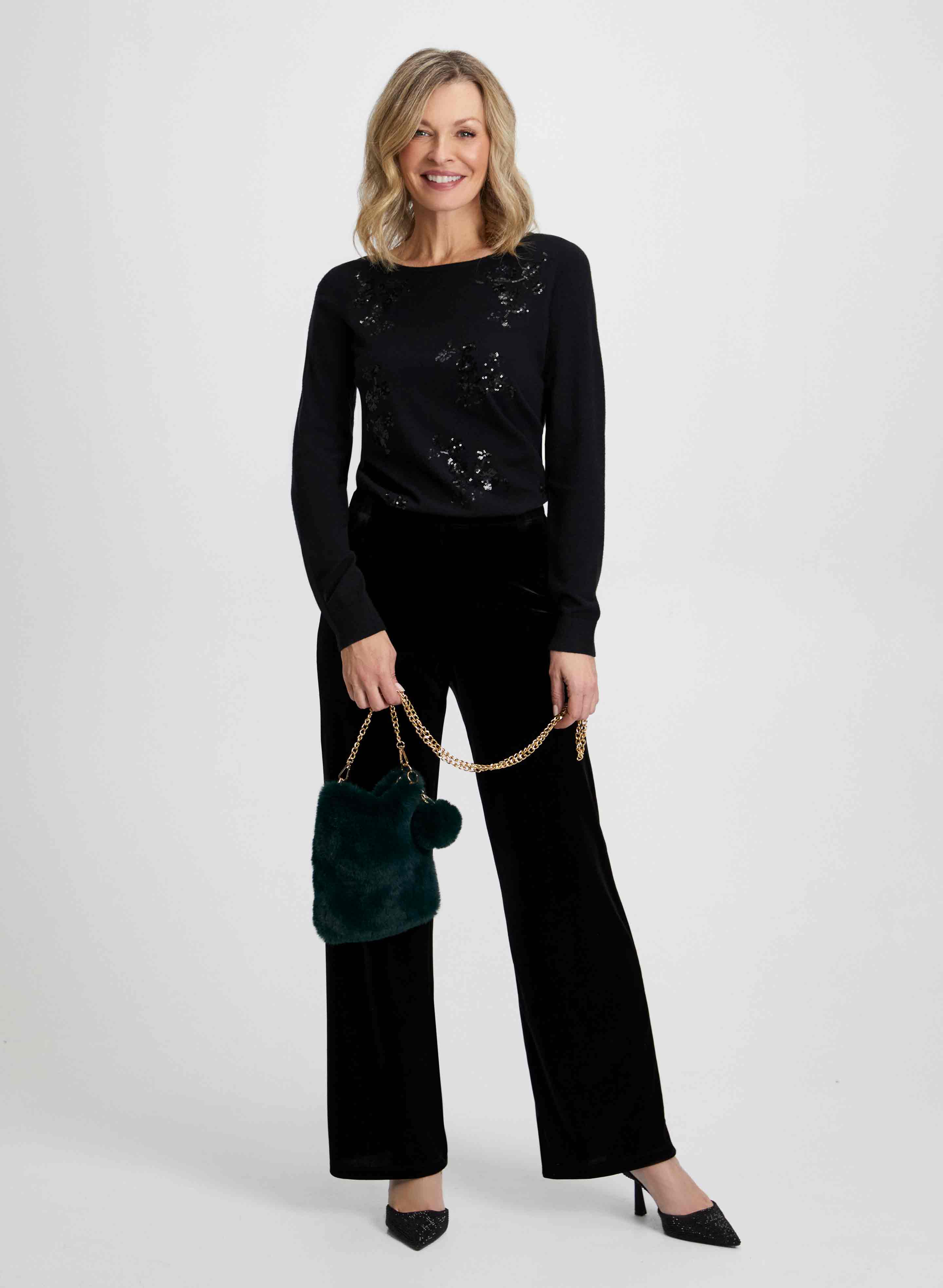 Floral Appliqué Top & Velvet Pants