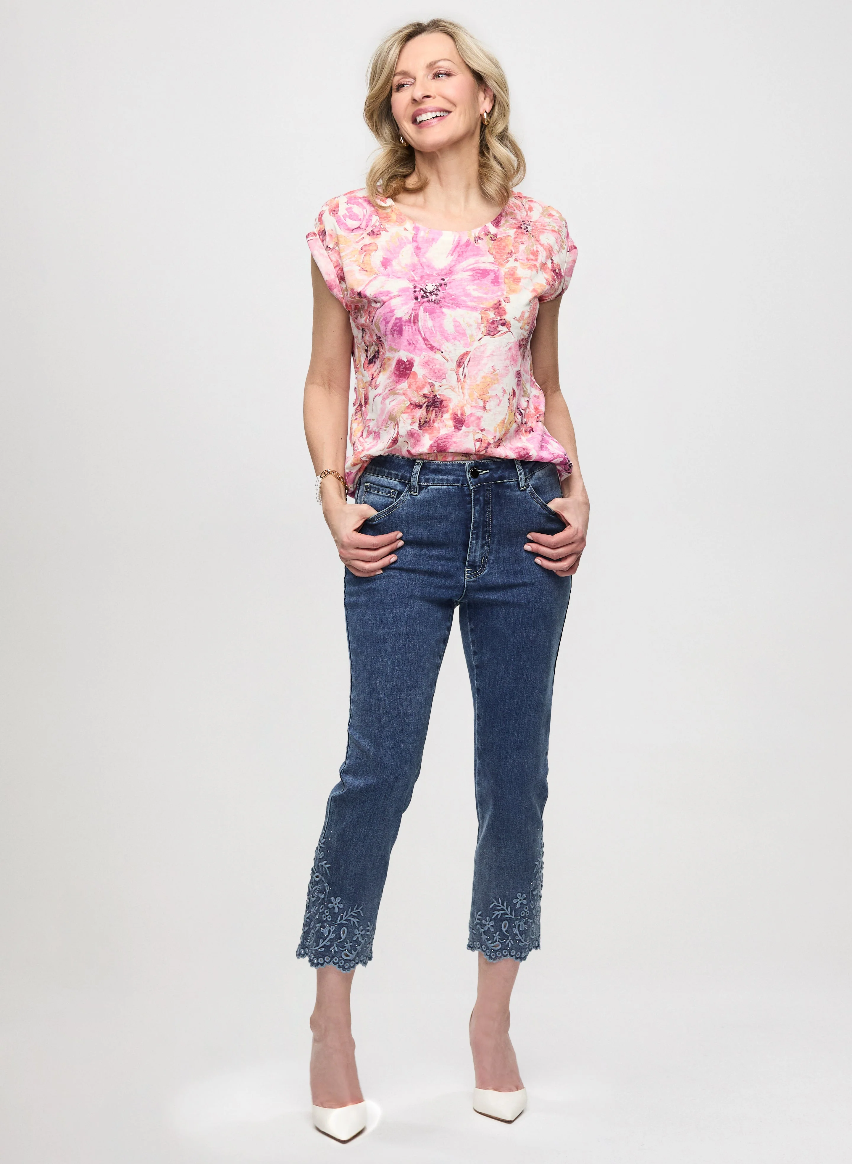Floral Print Burnout Tee & Embroidered Straight Leg Jeans