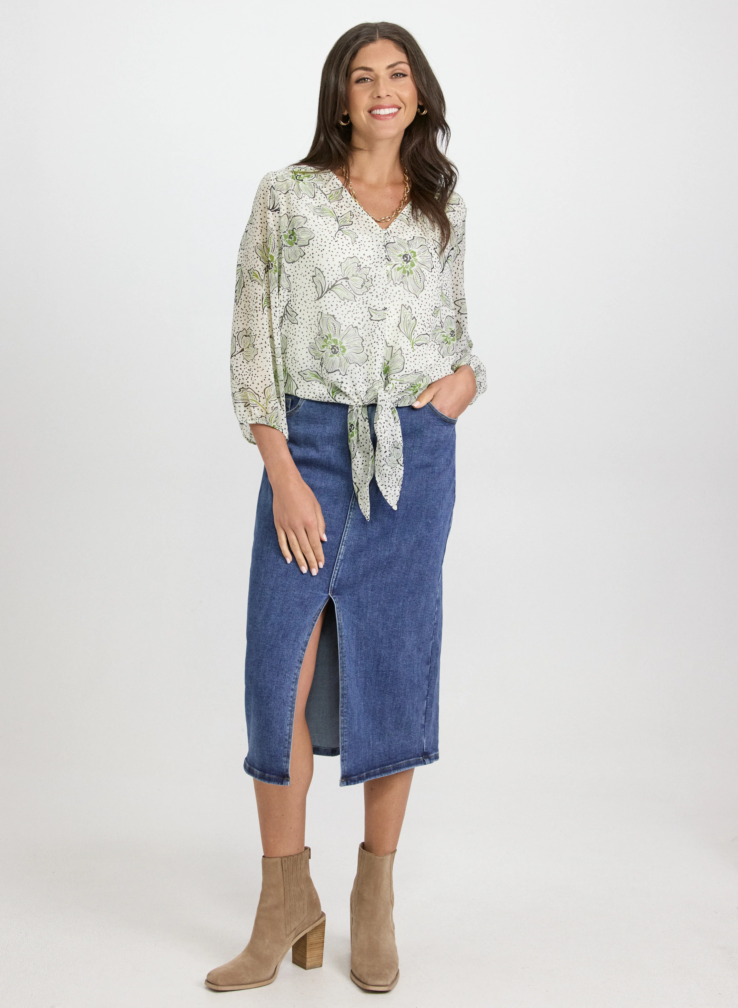 Floral Tied Hem Blouse & Denim Midi Skirt