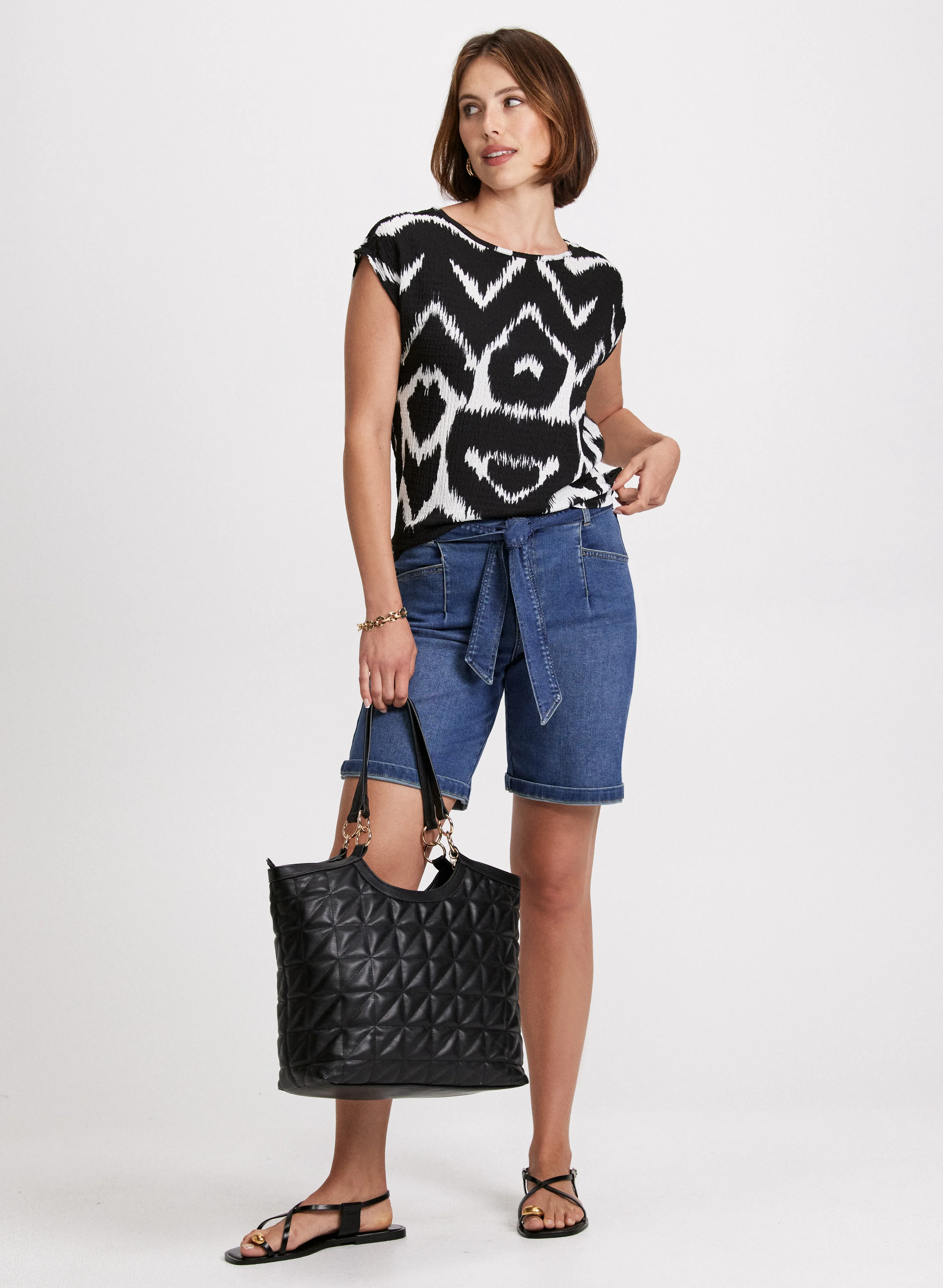 Geometric Print Top & Denim Shorts