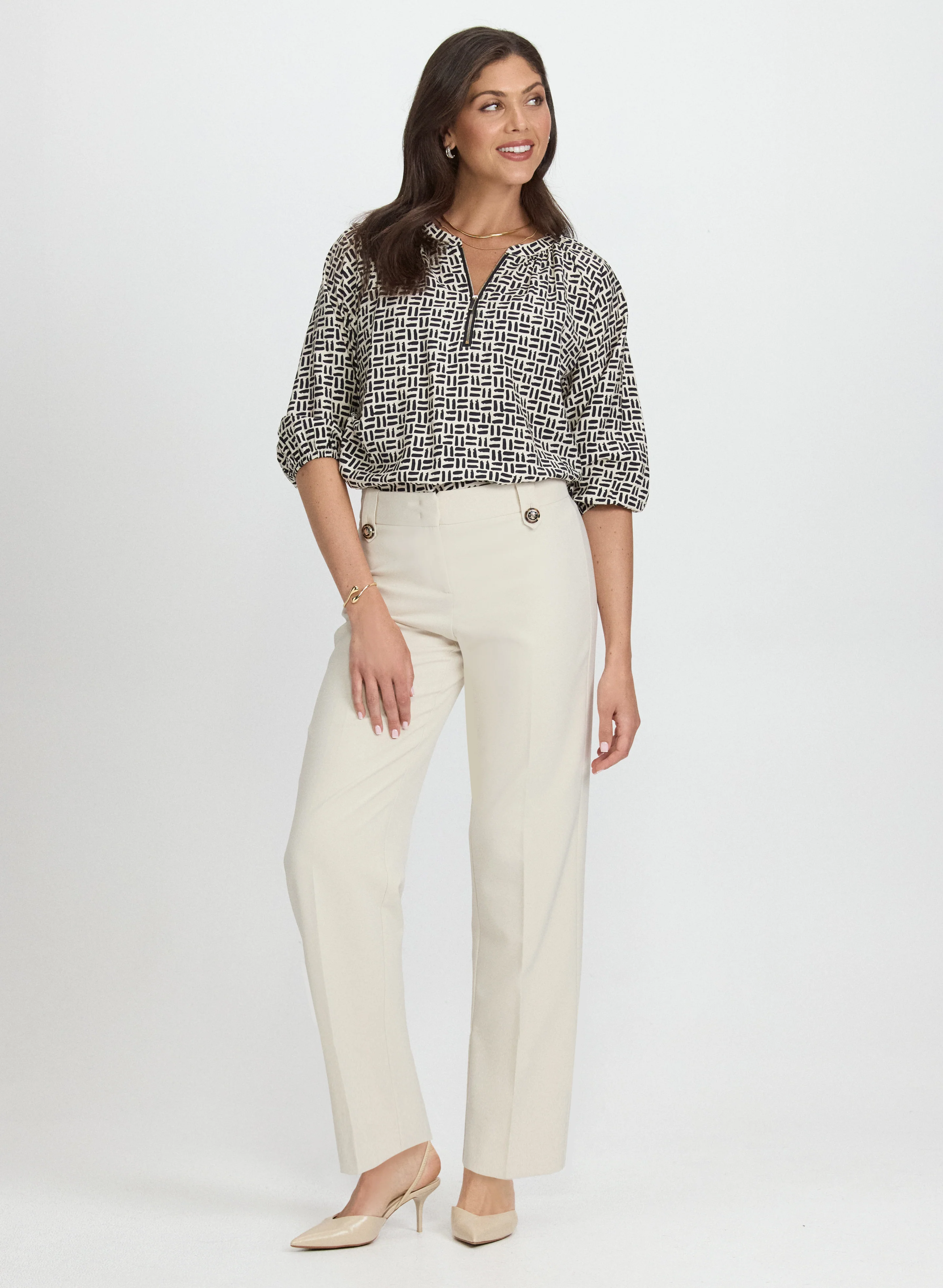 Geometric Zip Front Blouse & Olivia Pull-On Wide-Leg Pants