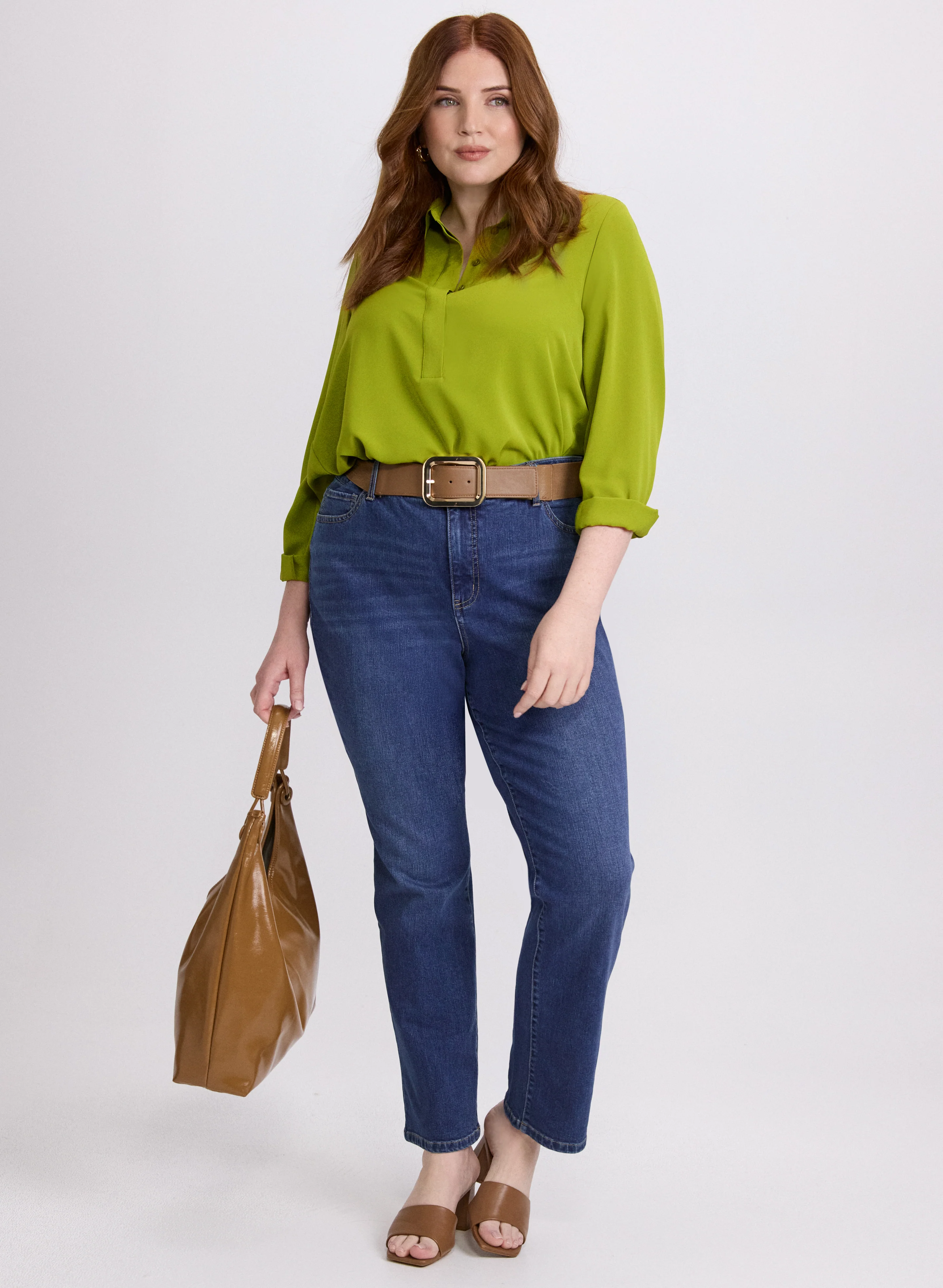 High-Low Hem Blouse & Straight-Leg Jeans
