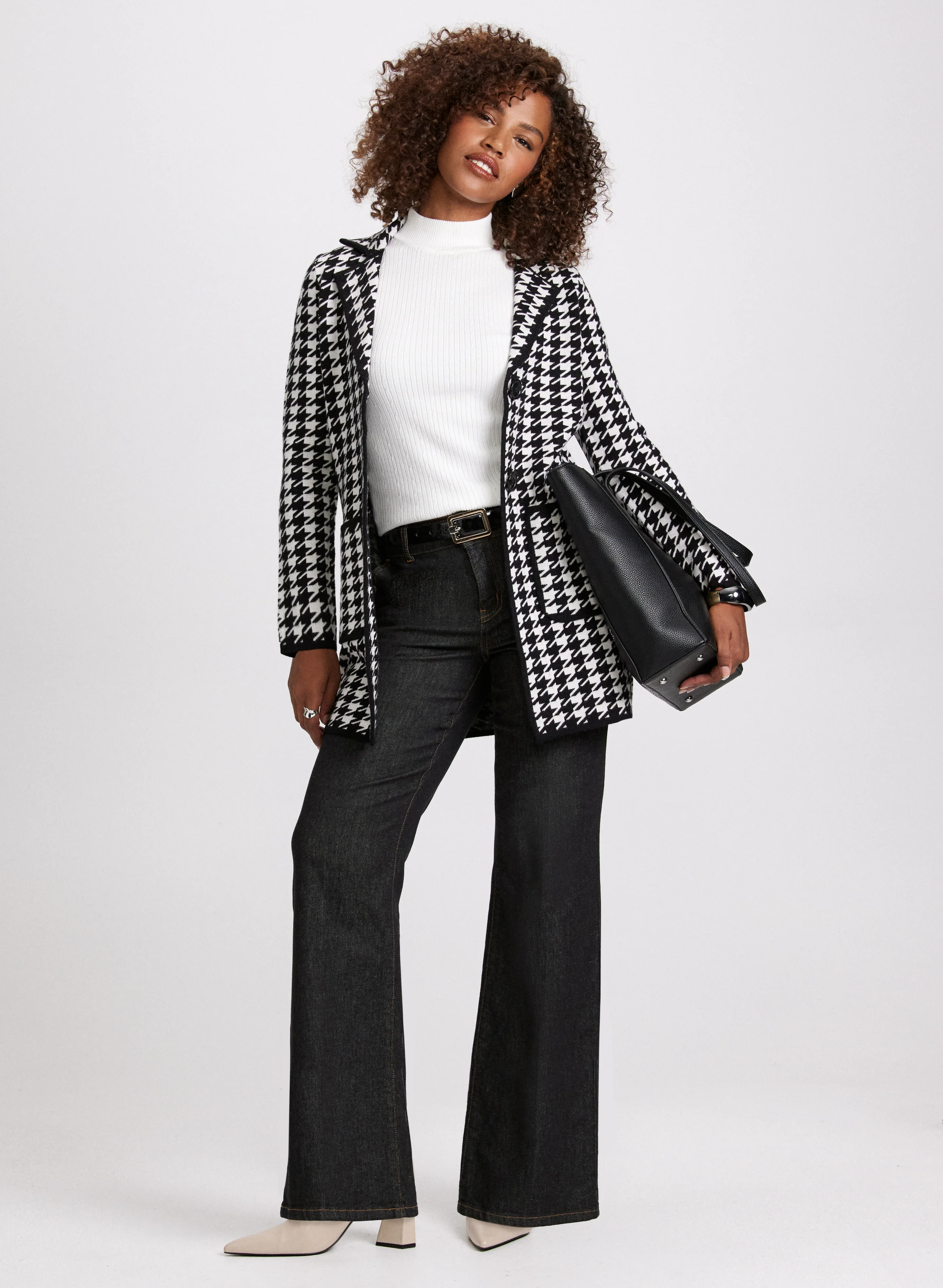 Houndstooth Print Cardigan & Flare Leg Jeans