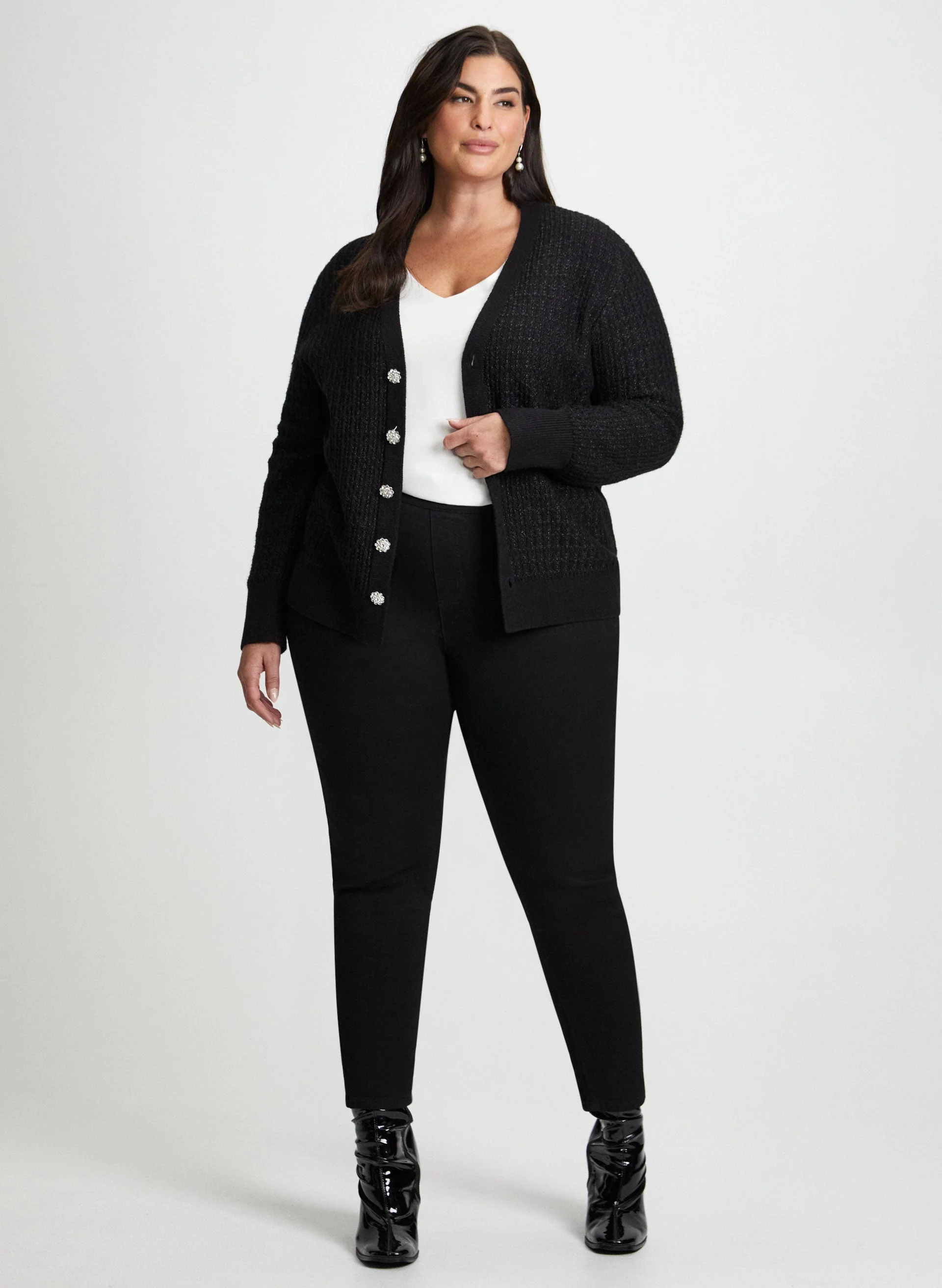 Jeweled Button Cardigan & Slim Leg Jeans
