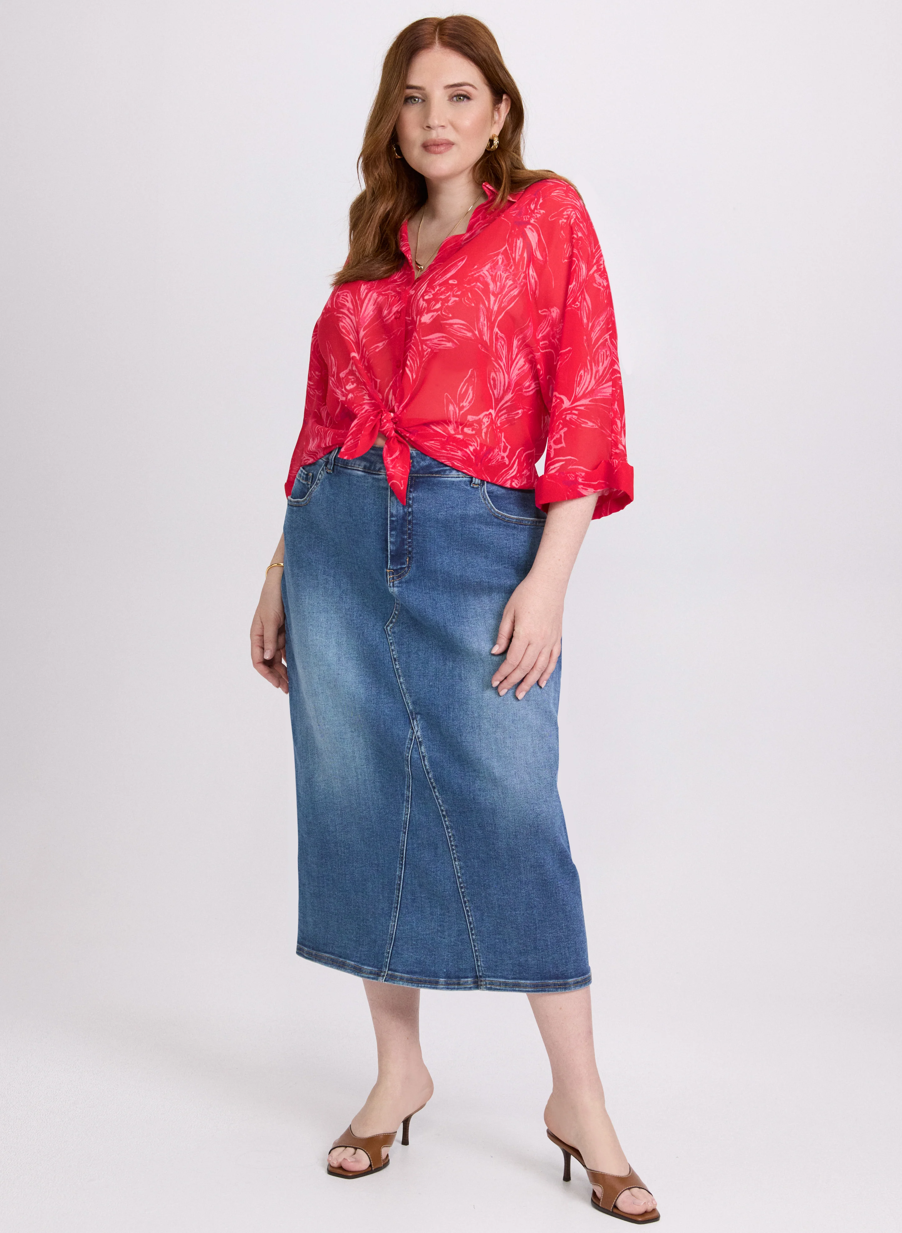 Leaf Chiffon Blouse & Denim Midi Skirt