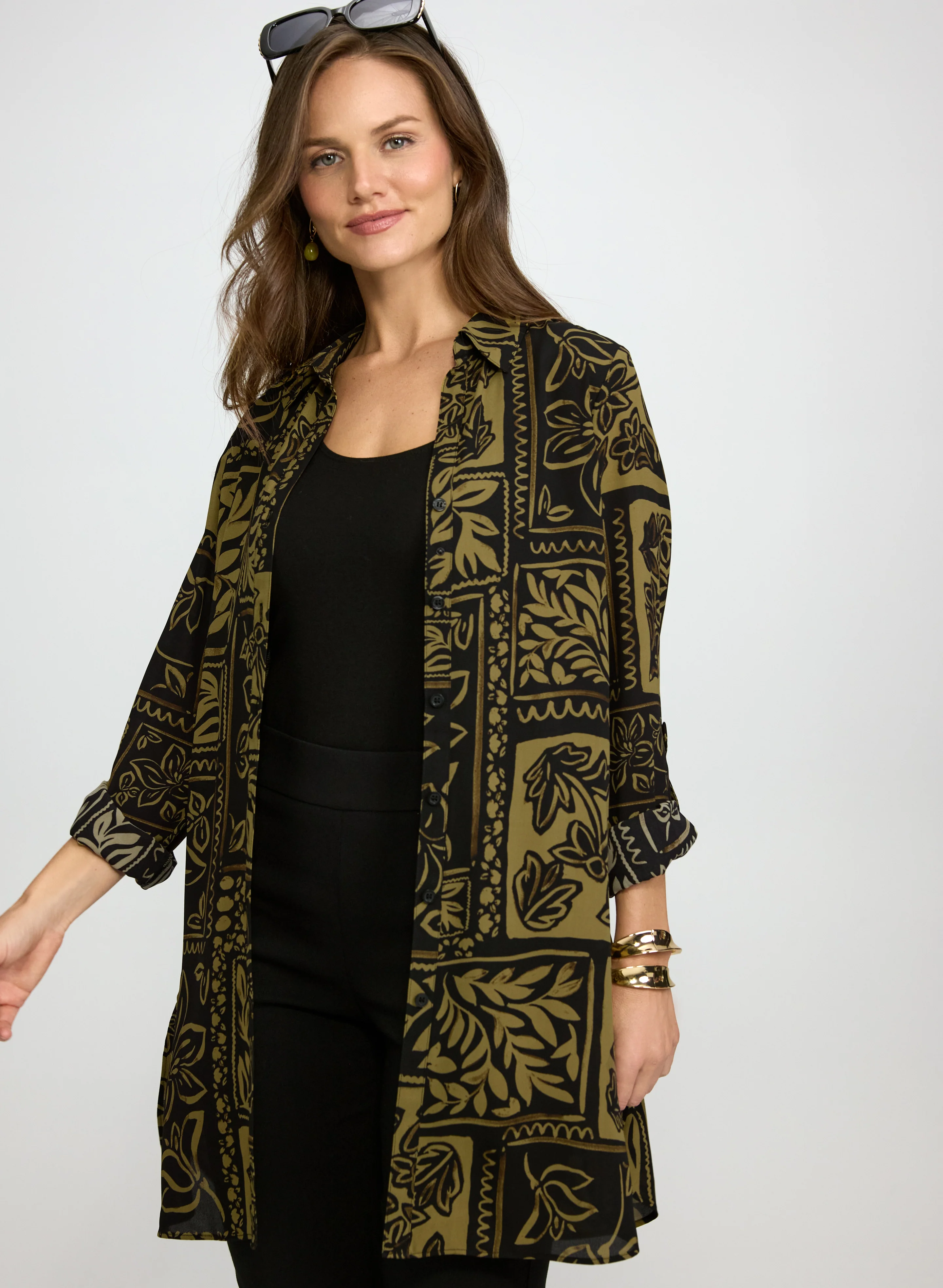 Leaf Print Button-Down Blouse