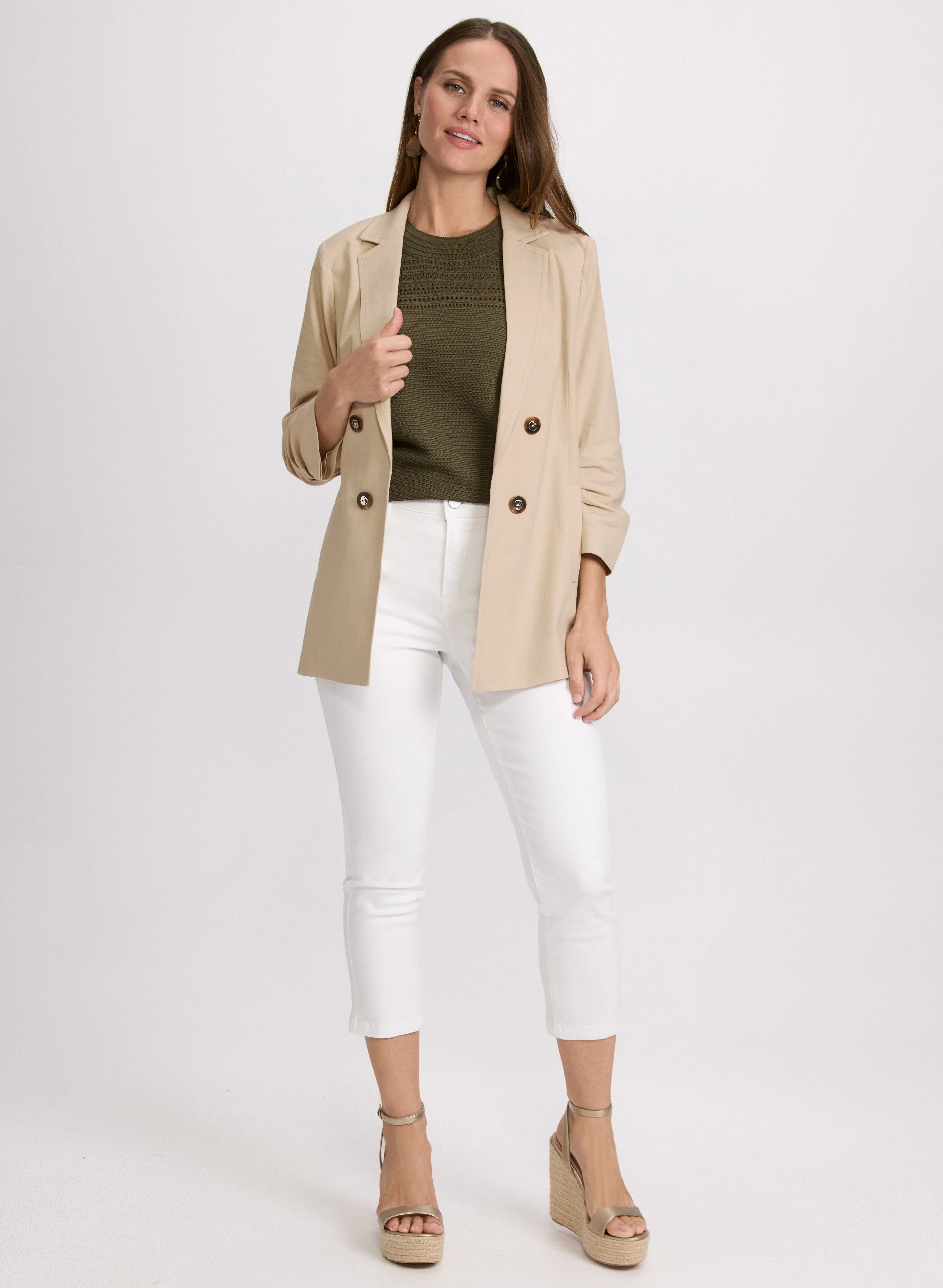 Linen-Blend Blazer & Crochet Trim Denim Capris