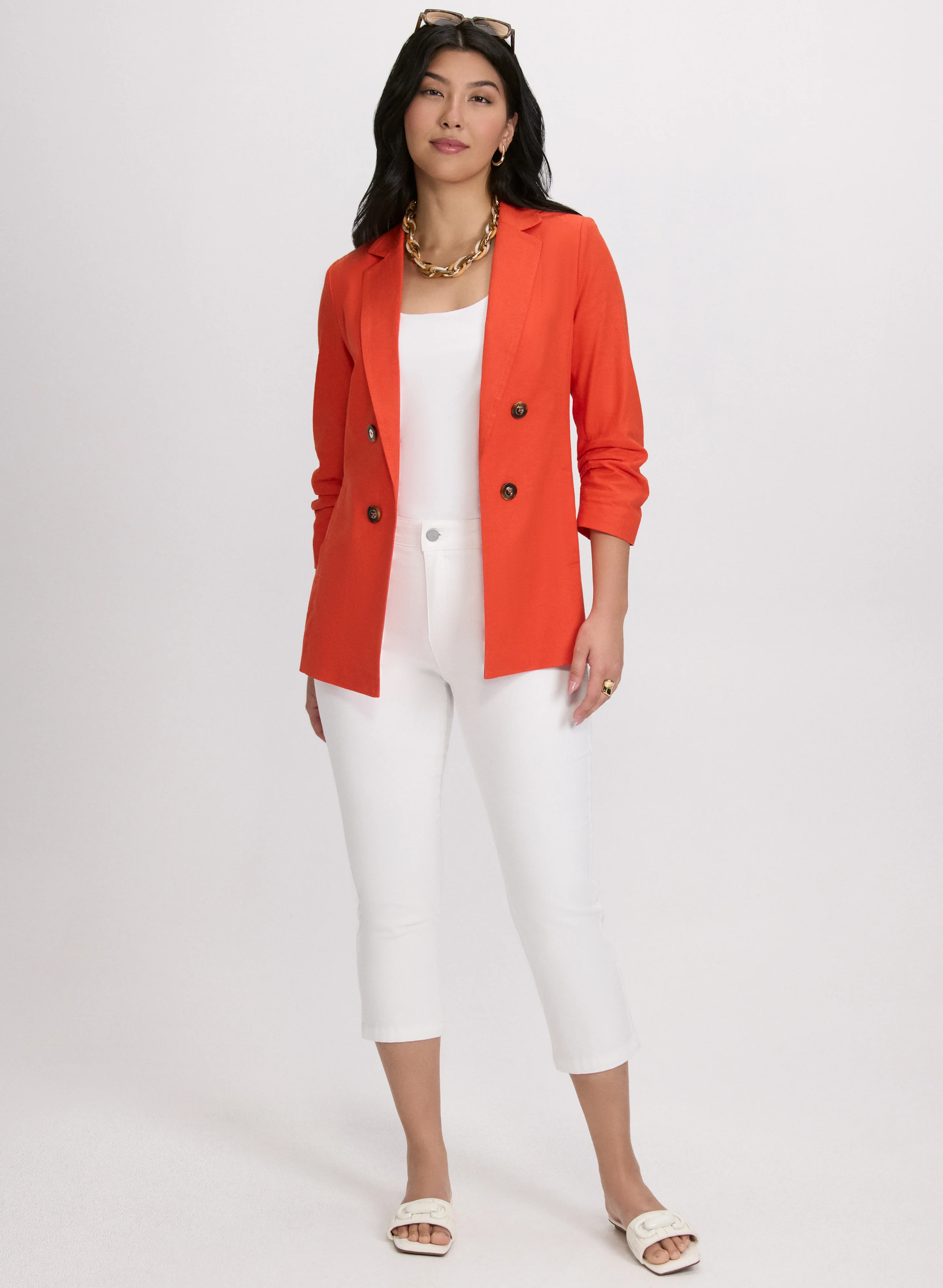Linen-Blend Blazer & Crochet Trim Denim Capris