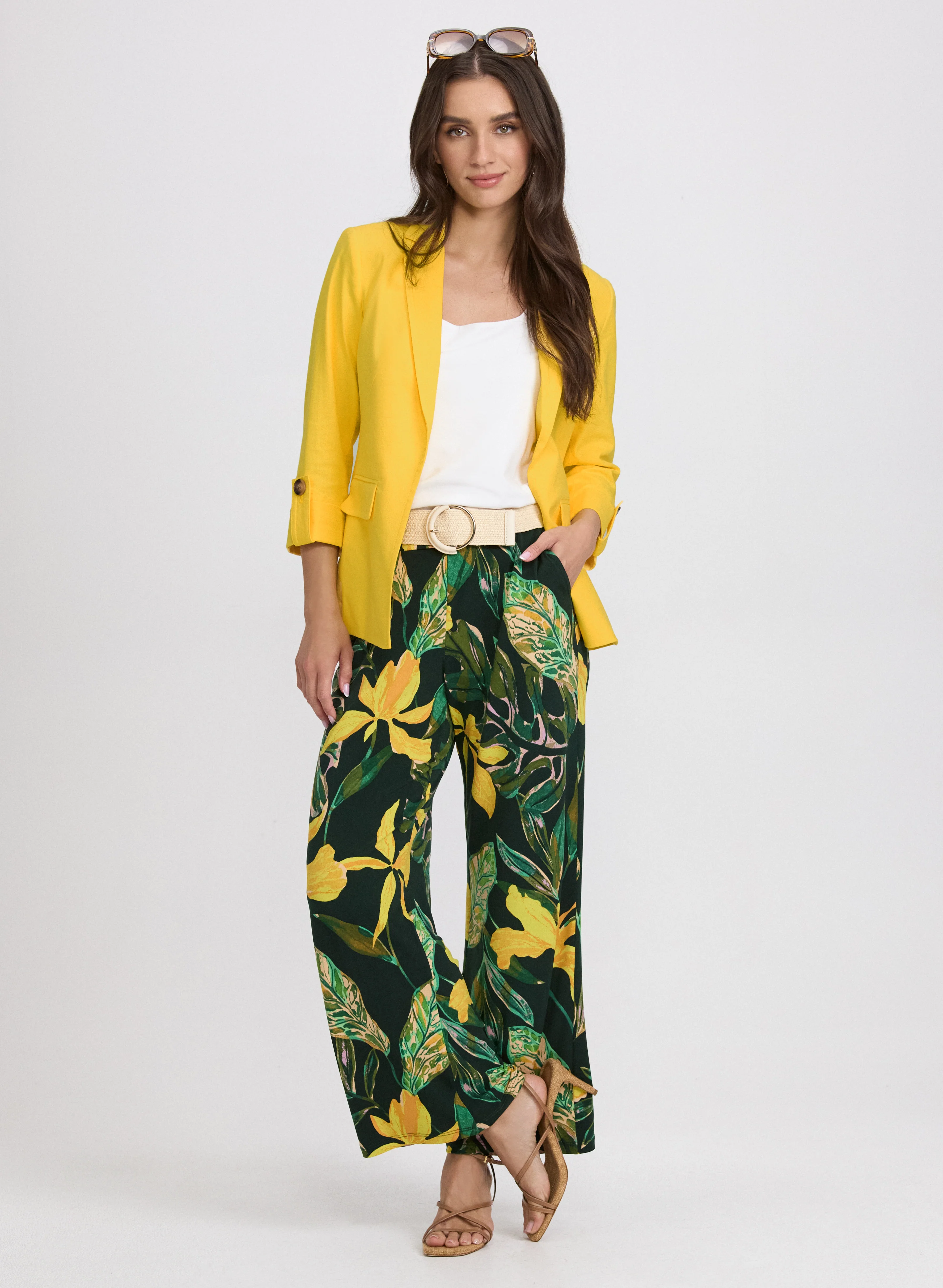 Linen-Blend Blazer & Olivia Palm Print Pants