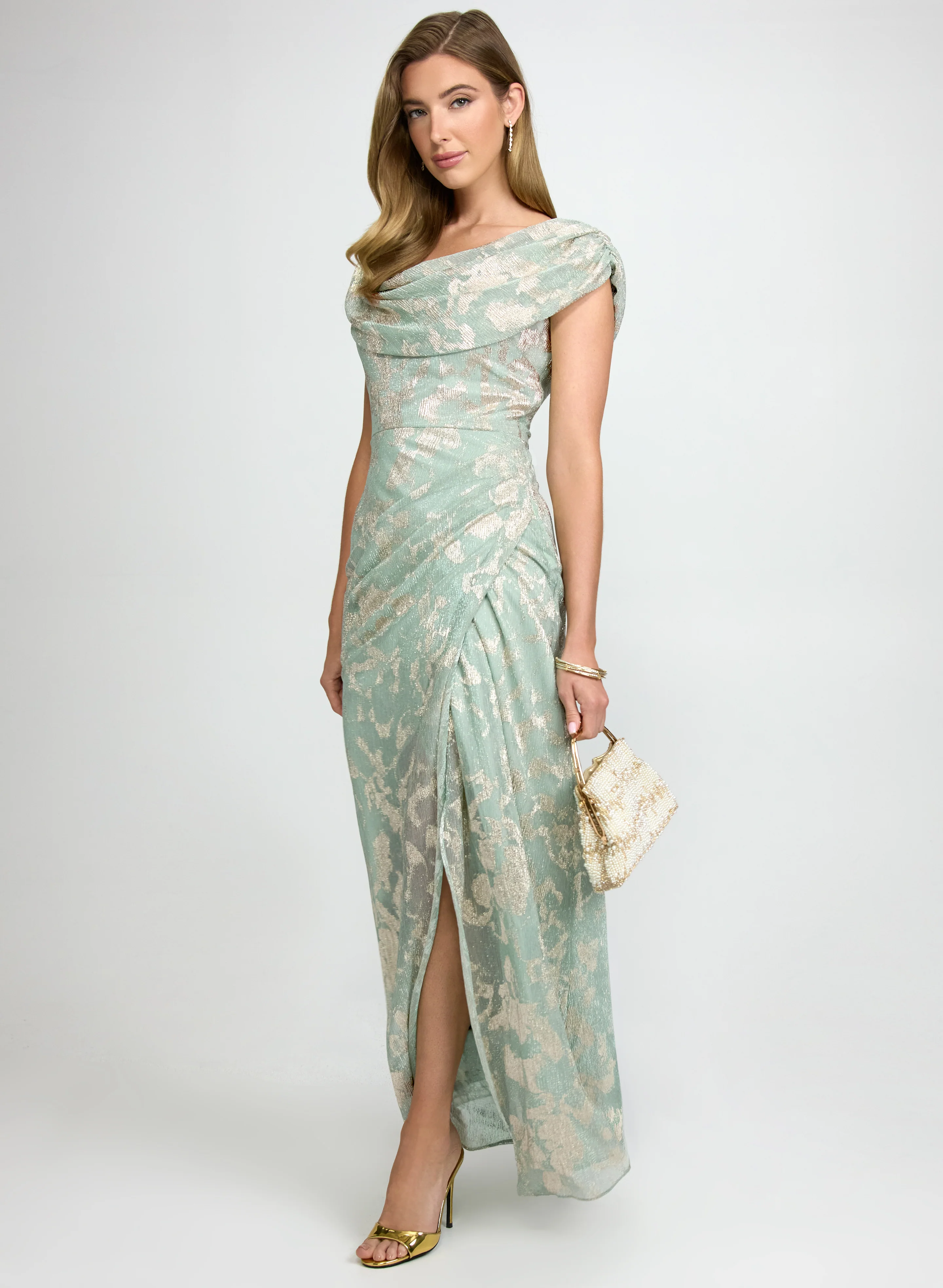 Metallic Draped Cowl Neck Dress