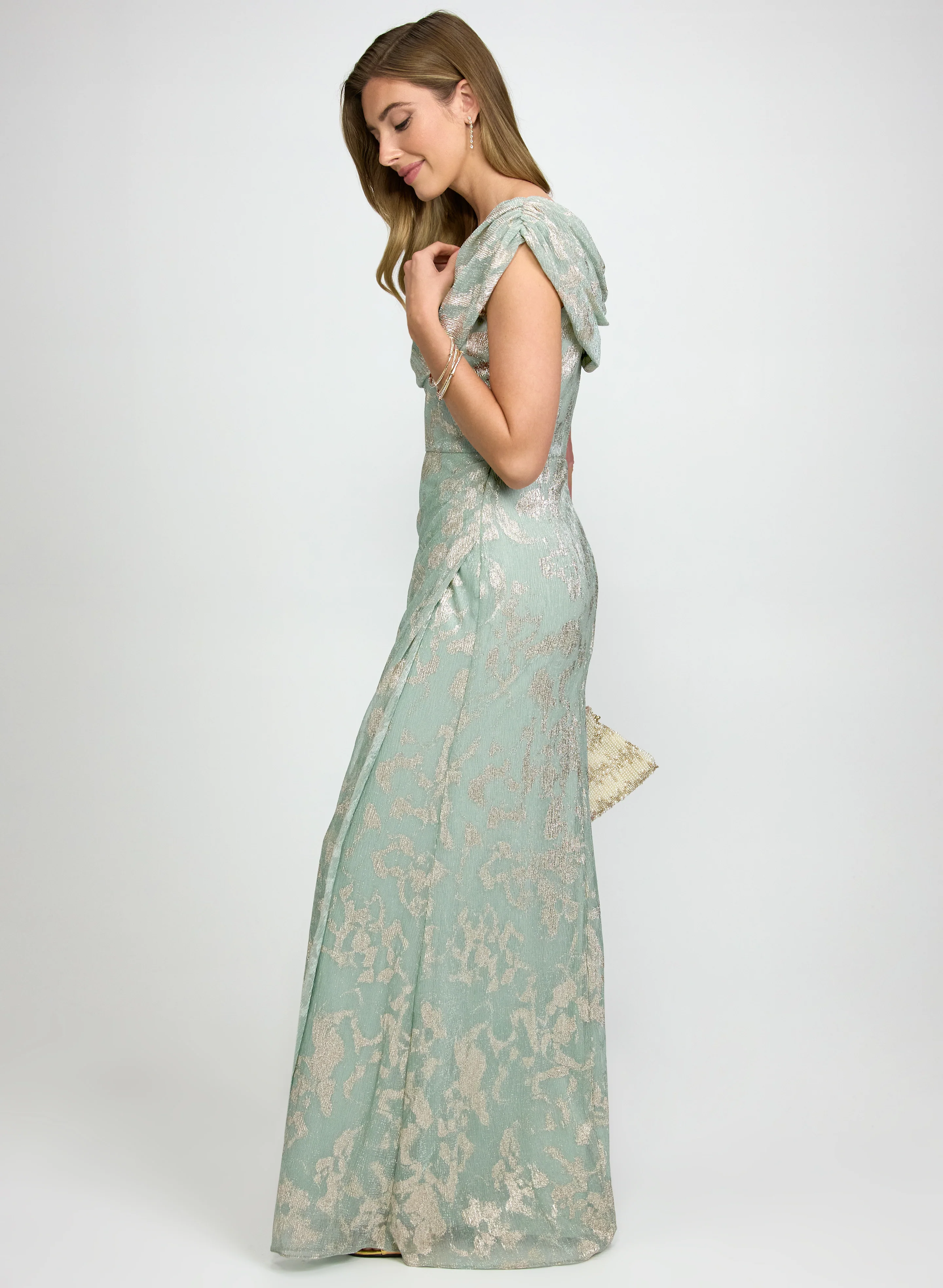 Metallic Draped Cowl Neck Dress - Image 2