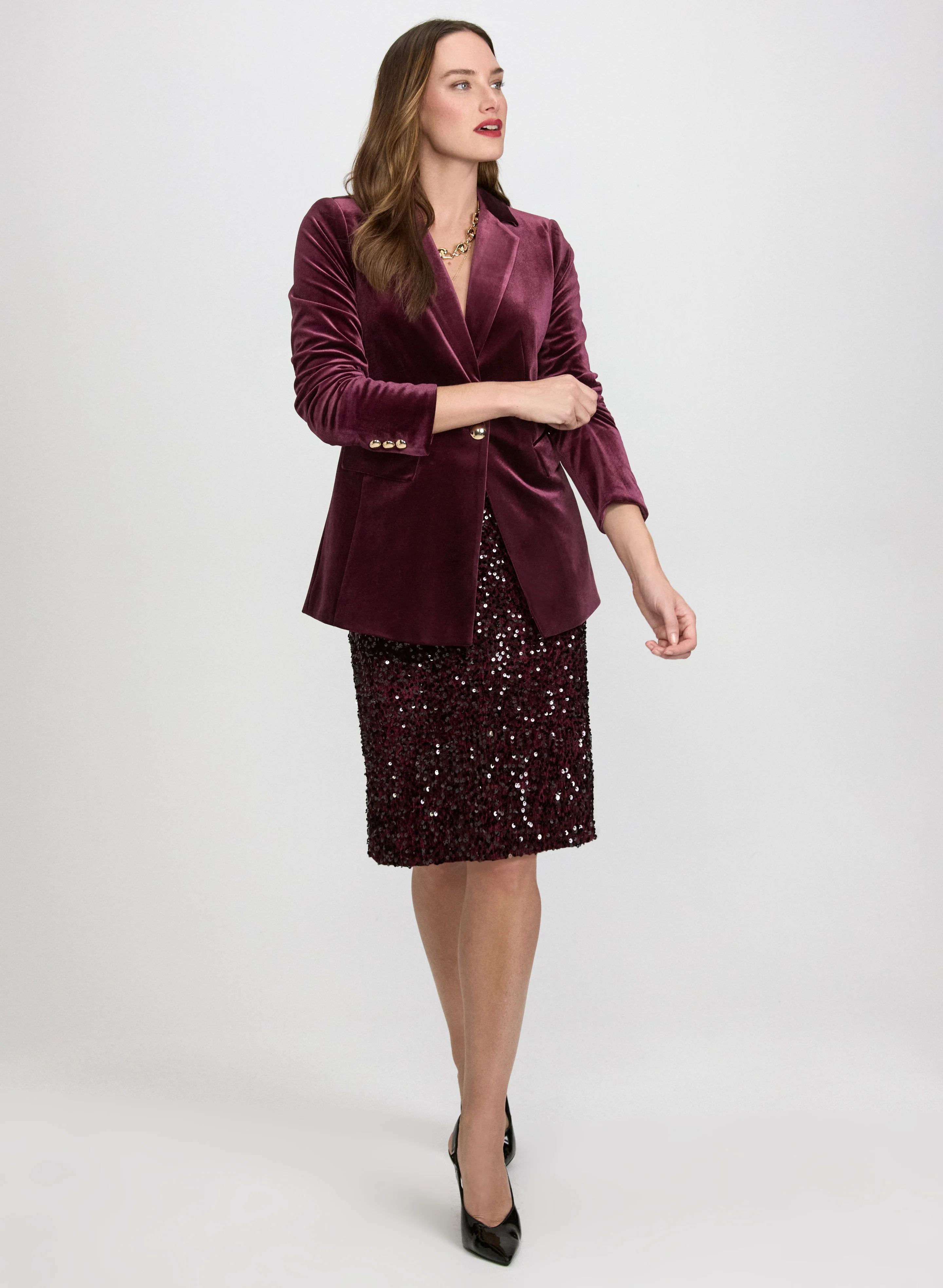 Notched Lapel Blazer & Sequin Velvet Pencil Skirt