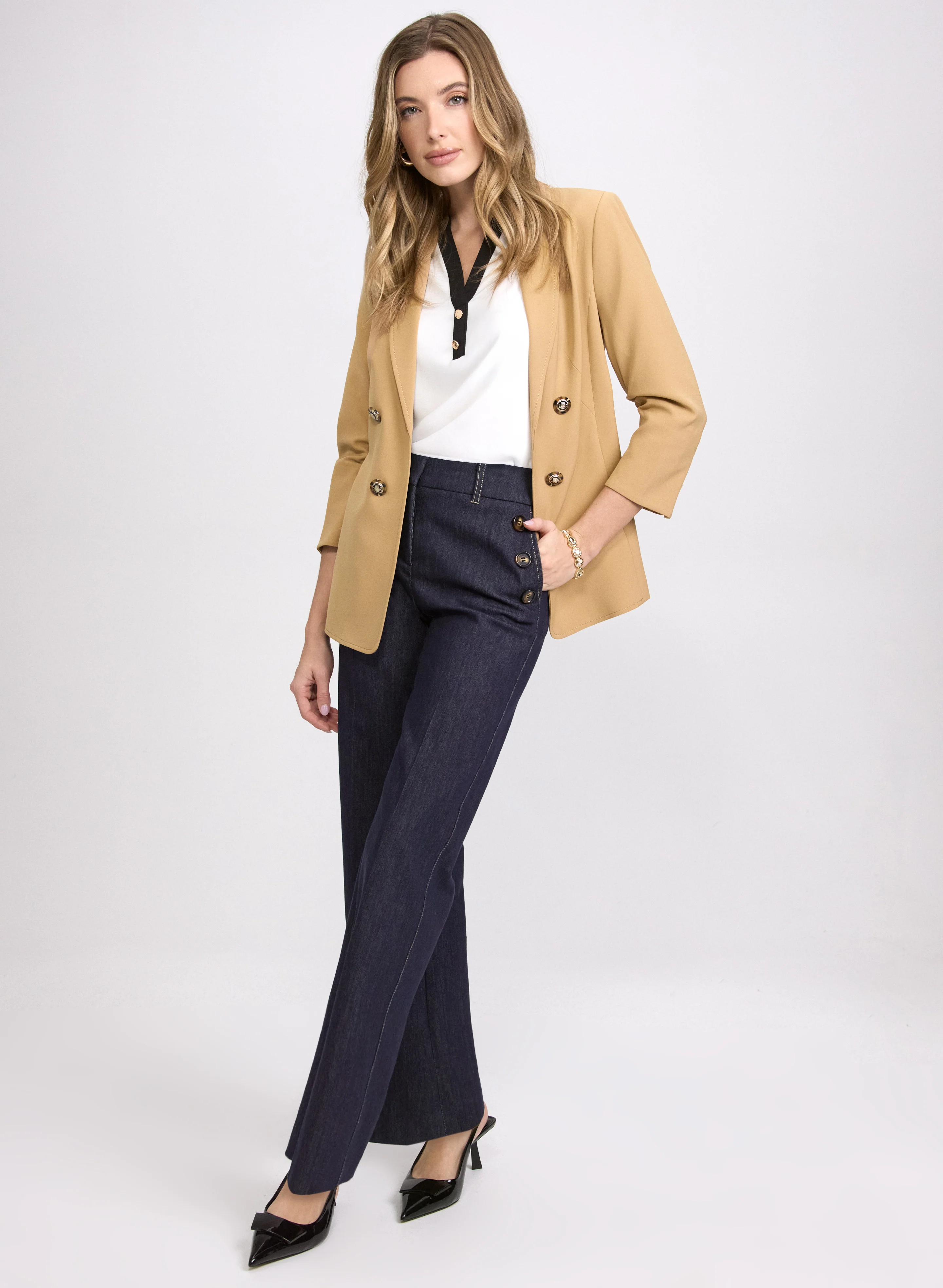 Notched Lapel Jacket & Denim Wide-Leg Pants