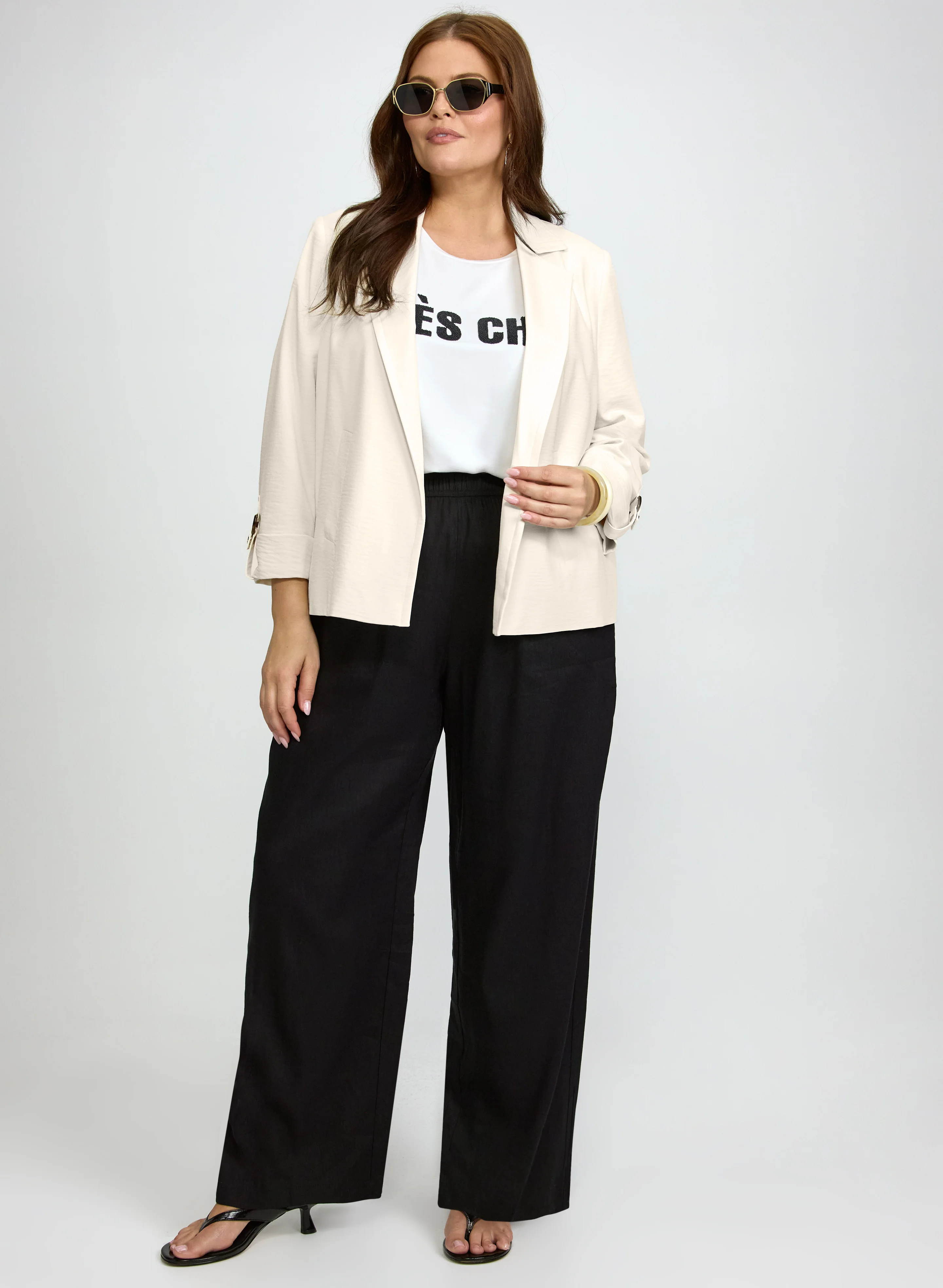 Open-Front Blazer & Linen-Blend Wide-Leg Pants
