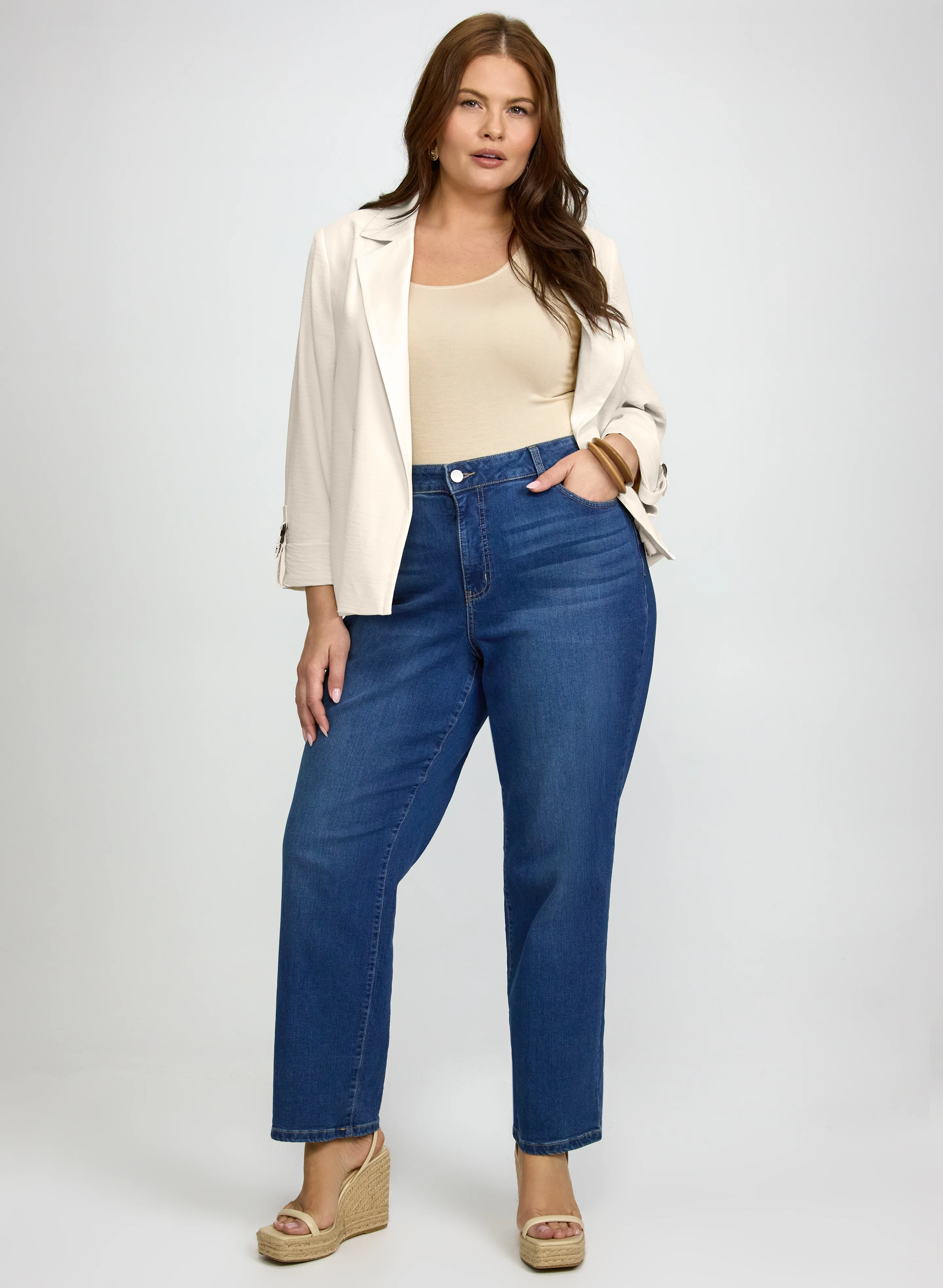 Open-Front Blazer & Straight-Leg Jeans