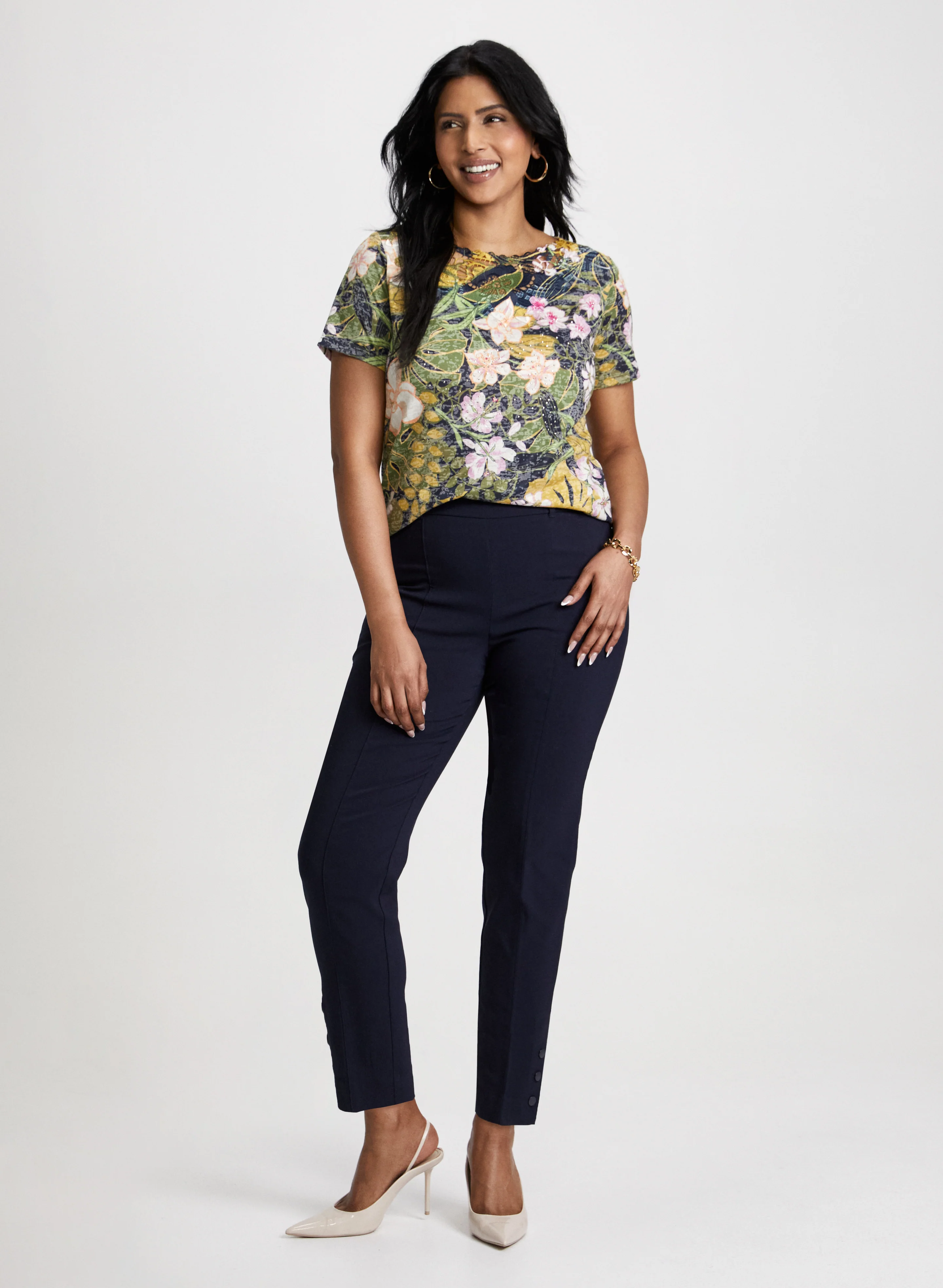 Openwork Floral Top & Slim Pull-On Ankle Pants