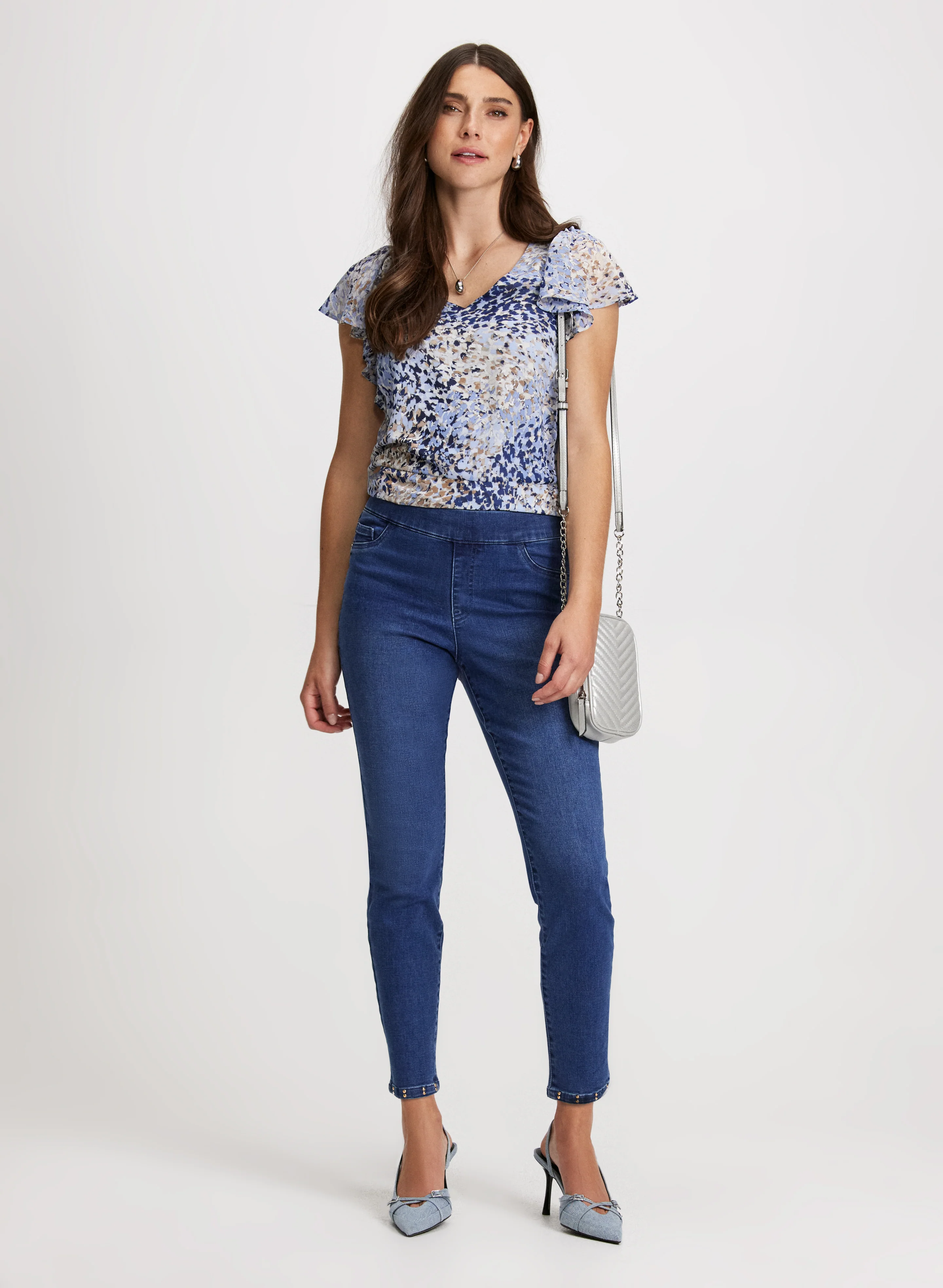 Painted Print Blouse & Pull-On Slim Leg Jeans
