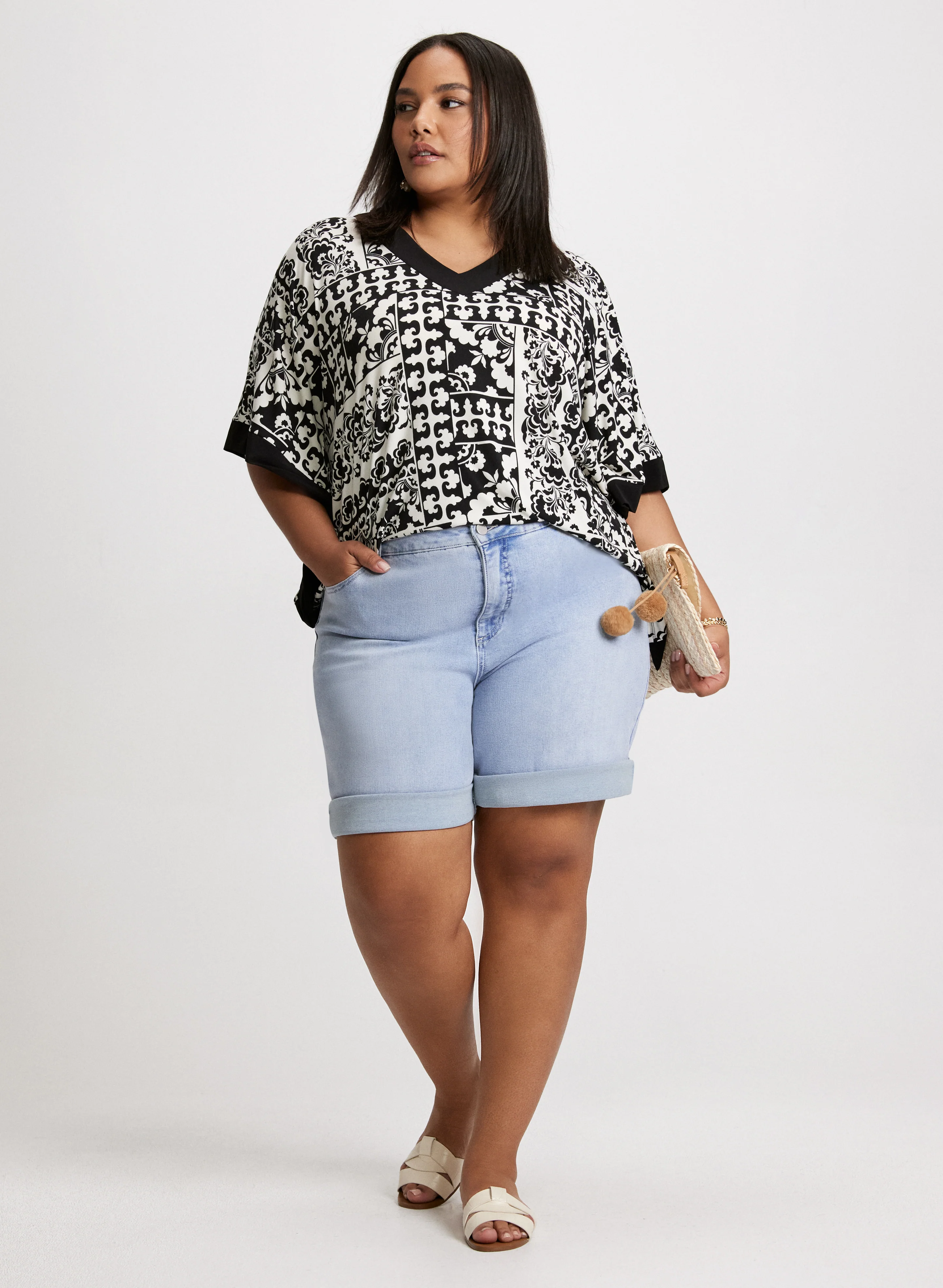 Paisley Flared Sleeve Top & Denim Bermuda Shorts