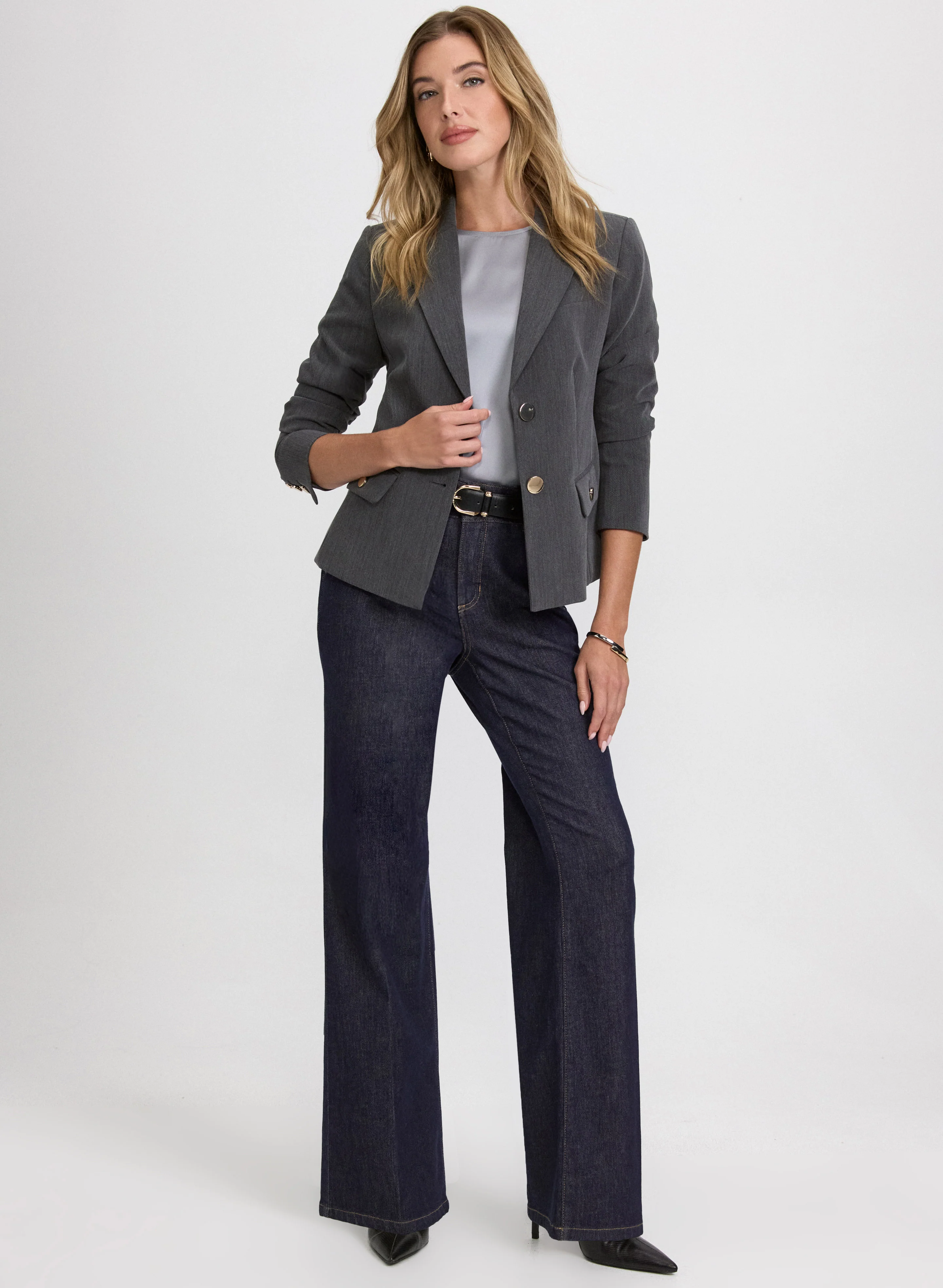 Peplum Back Blazer & Wide-Leg Jeans